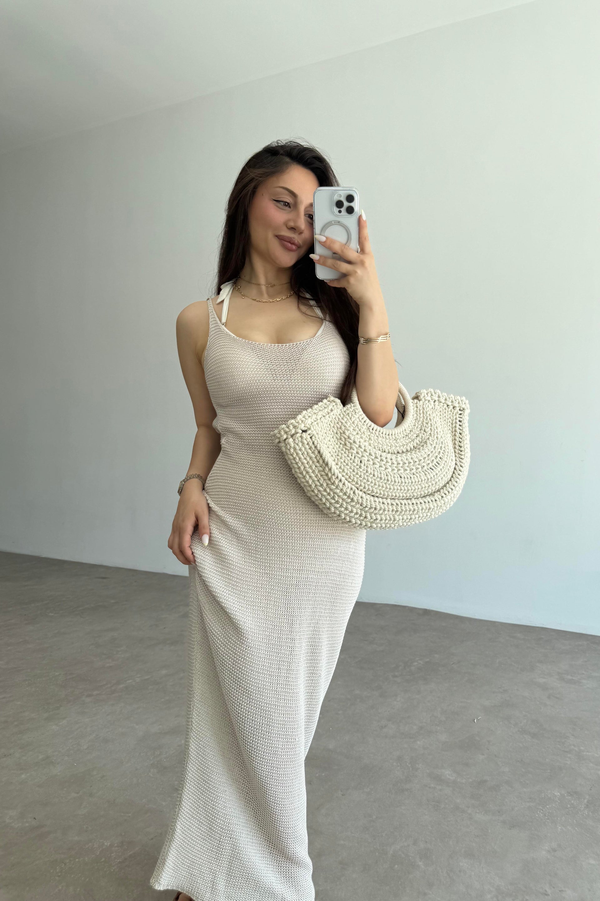Premium Pamuk Örgü Natural Askılı Plaj Elbisesi