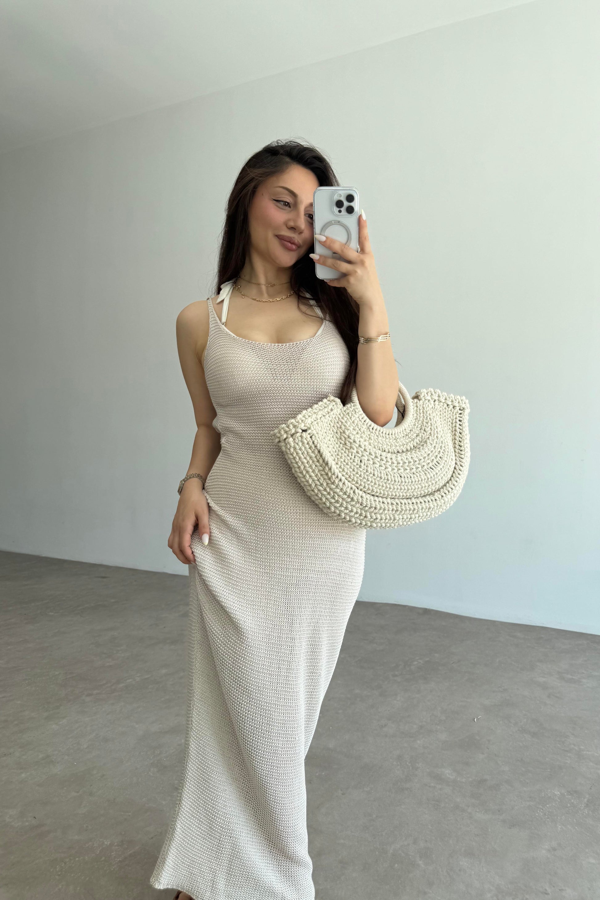 Premium Pamuk Örgü Natural Askılı Plaj Elbisesi