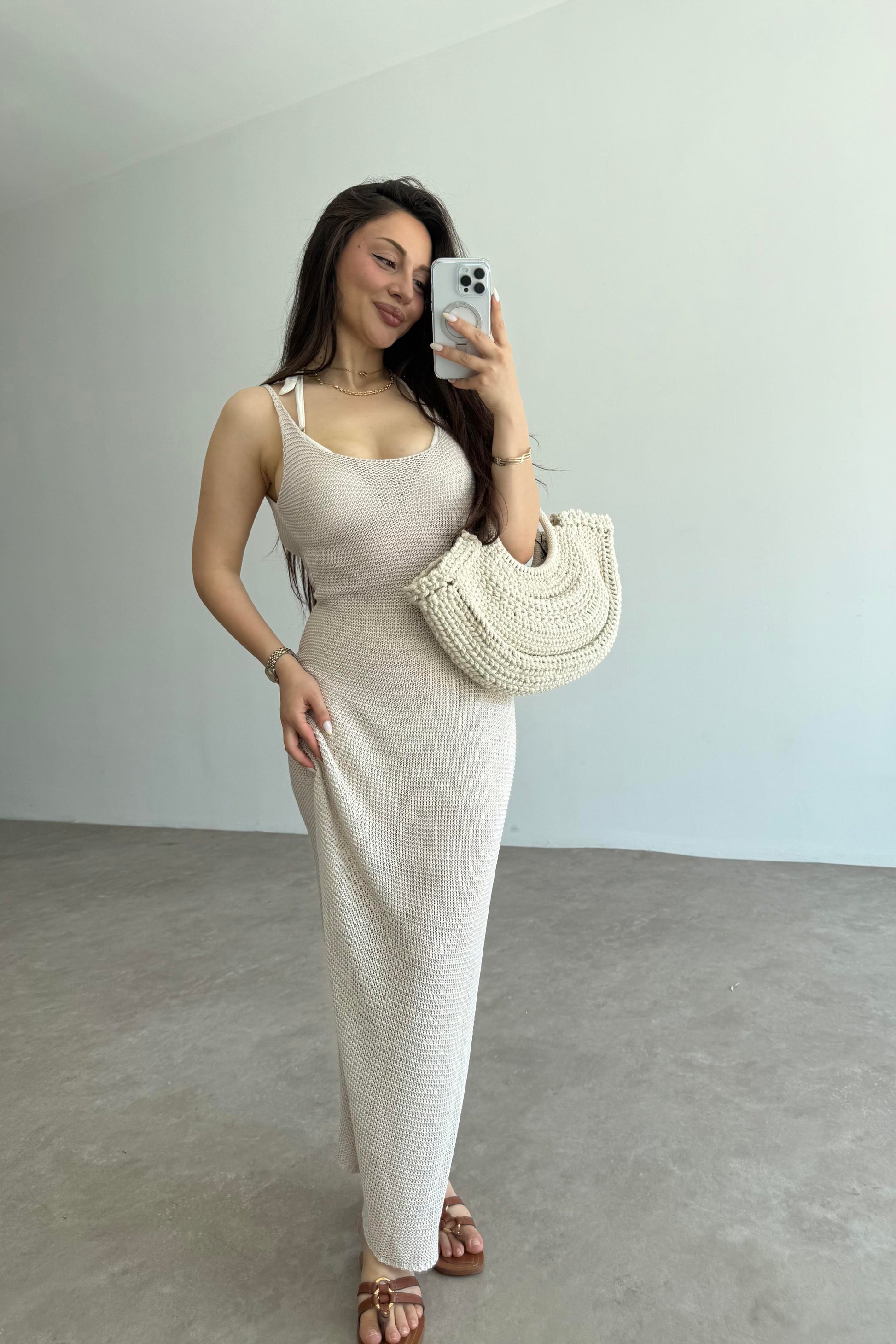 Premium Pamuk Örgü Natural Askılı Plaj Elbisesi