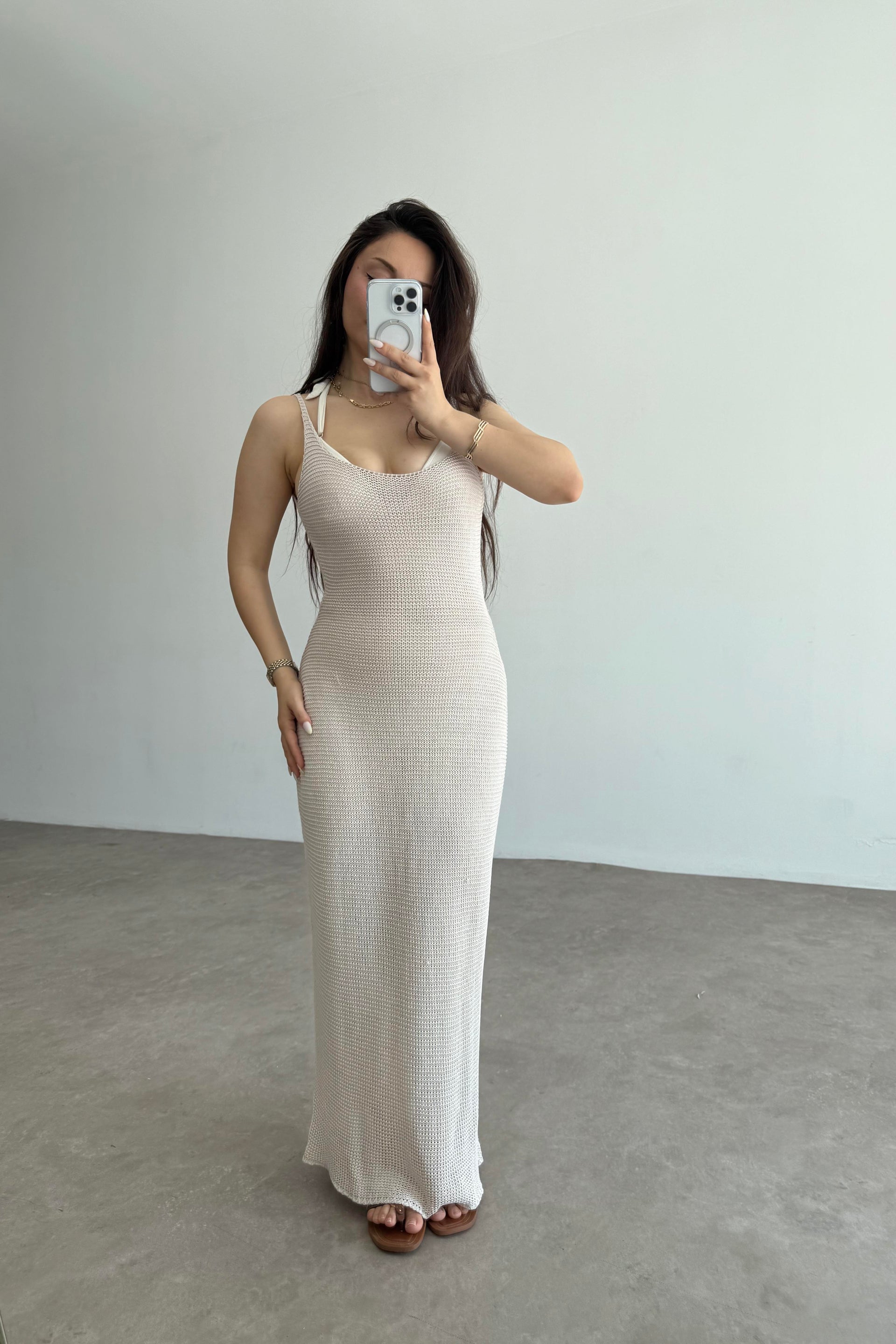 Premium Pamuk Örgü Natural Askılı Plaj Elbisesi