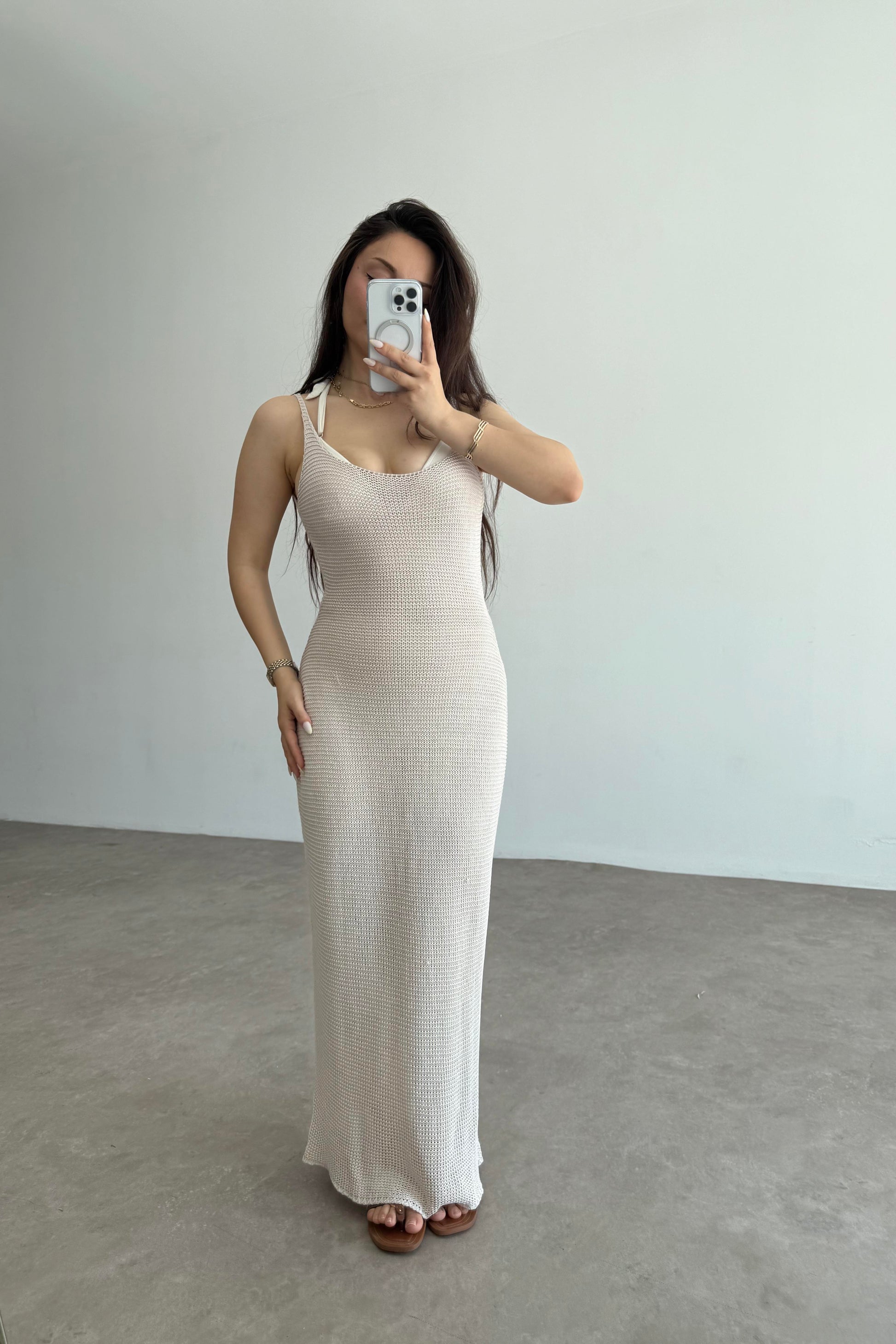 Premium Pamuk Örgü Natural Askılı Plaj Elbisesi