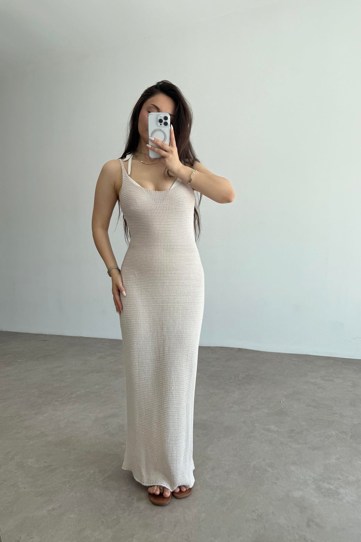 Premium Pamuk Örgü Natural Askılı Plaj Elbisesi