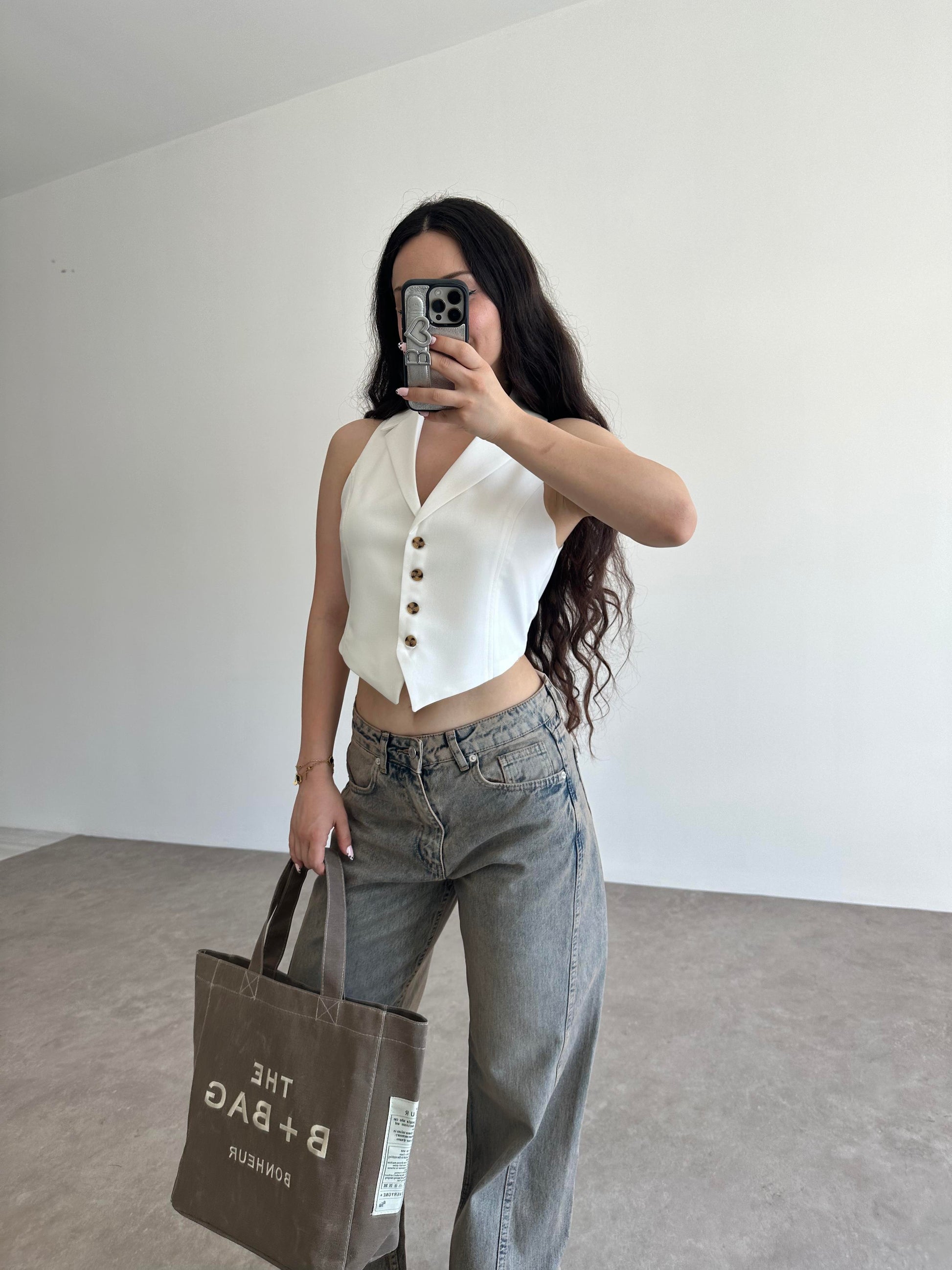 Premium Pamuklu Bağlama Detaylı Ekru Yelek