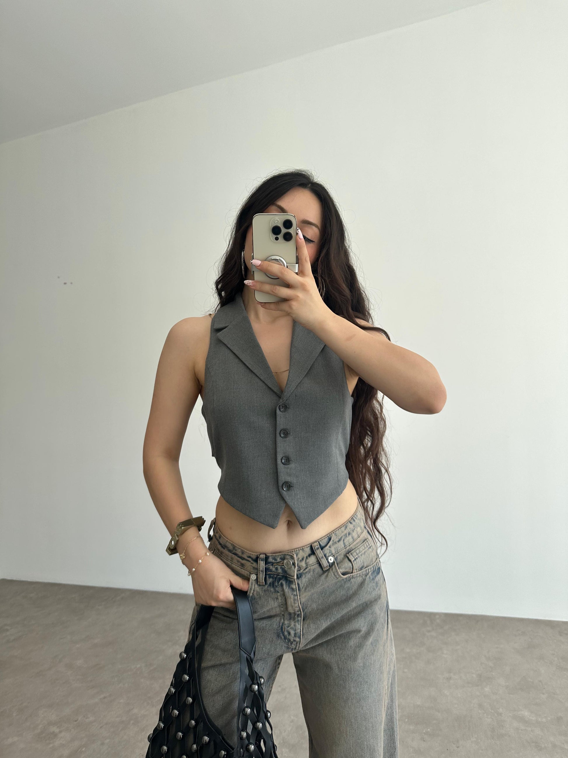 Premium Pamuklu Bağlama Detaylı Gri Yelek