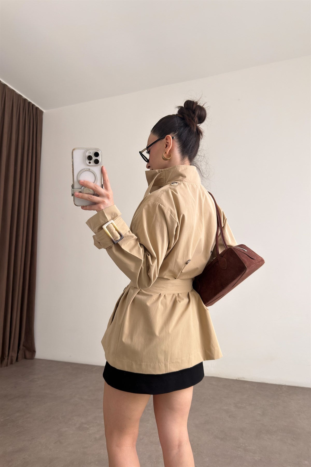 Premium Pelerinli Dik Yaka Bej Trençkot