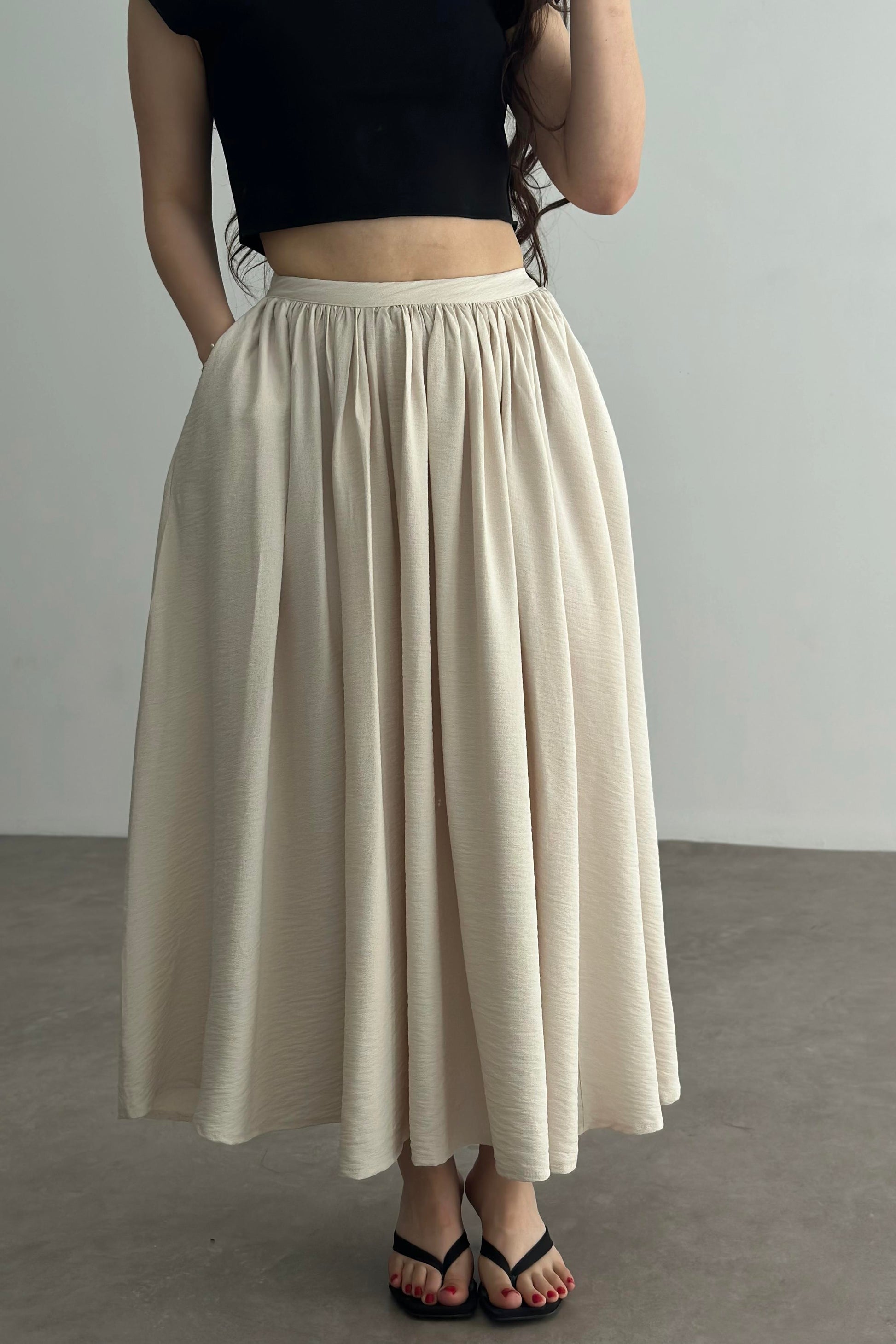 Premium Pileli Cepli Uzun Etek Sof Bej