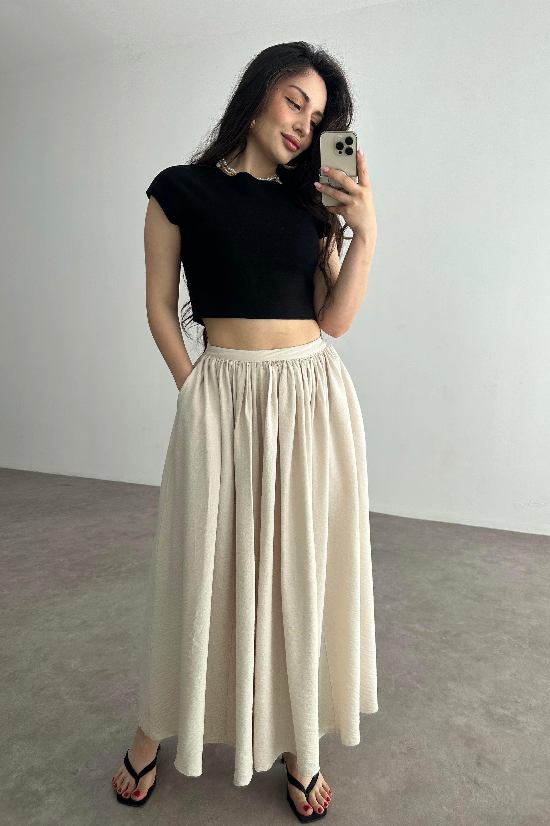 Premium Pileli Cepli Uzun Etek Sof Bej