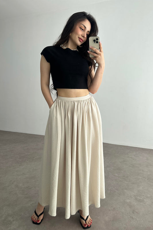 Premium Pileli Cepli Uzun Etek Sof Bej