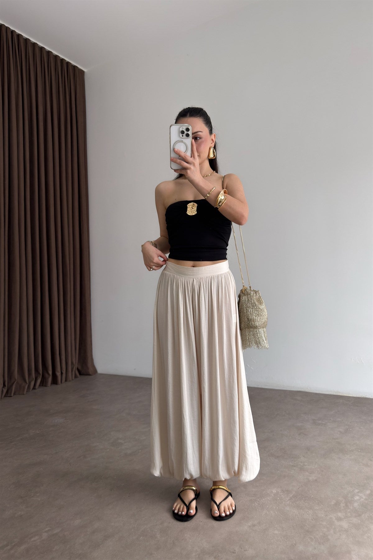 Premium Pilili Ekru Şalvar Pantolon