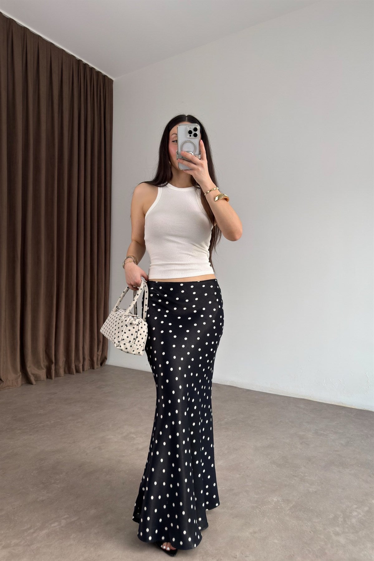 Premium Puantiyeli Midi Siyah Etek