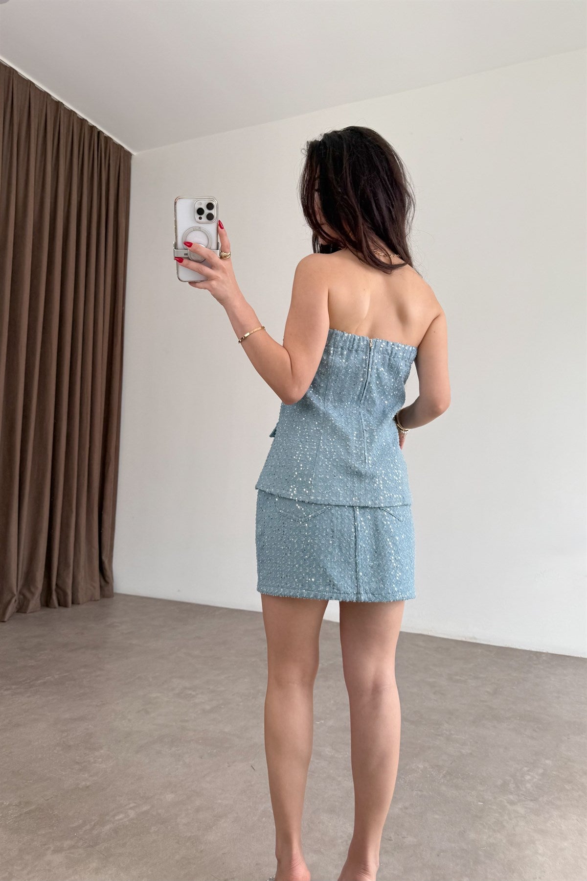 Premium Pullu Straplez Etek Takım