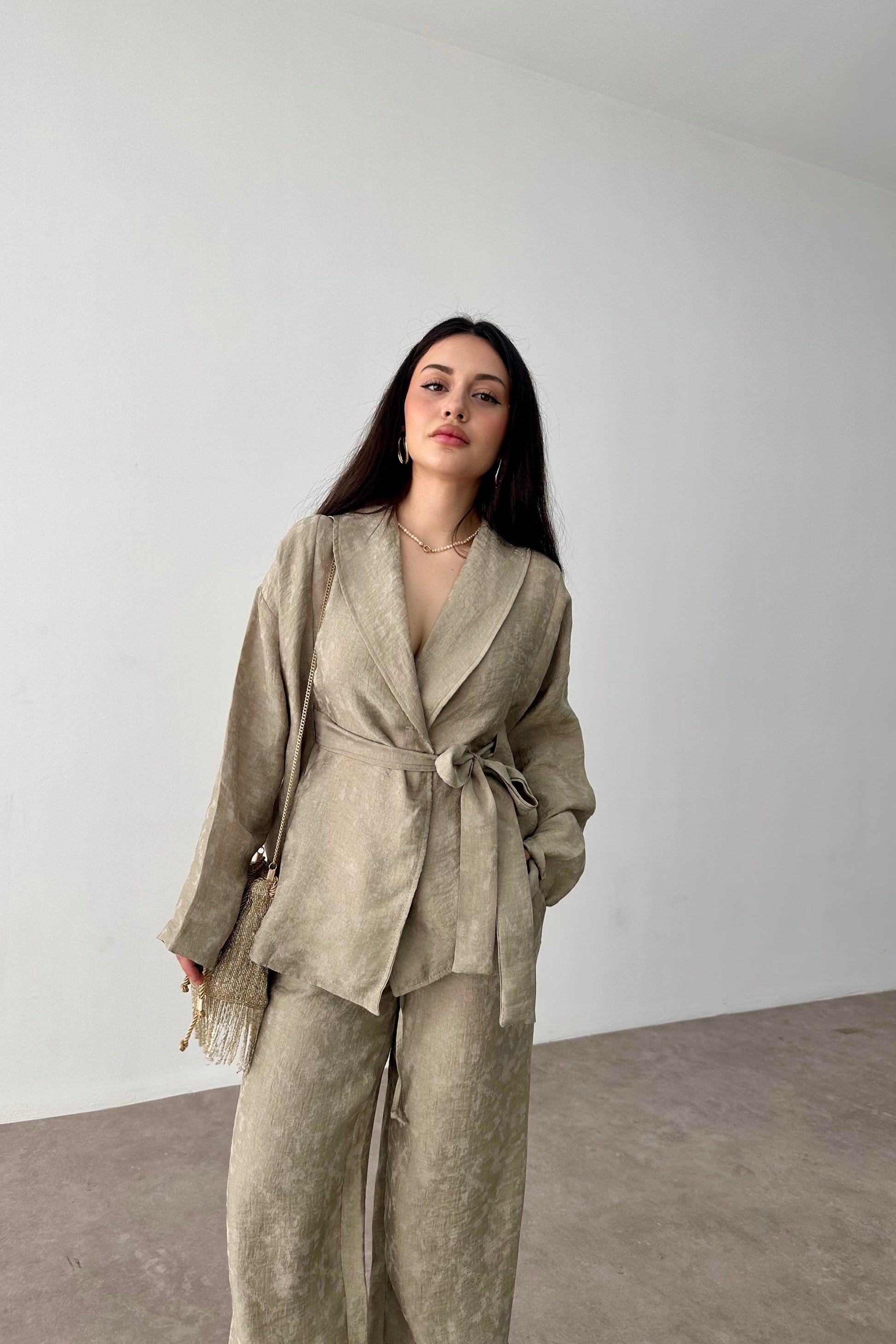 Premium Şal Yaka Kimono Takım Haki