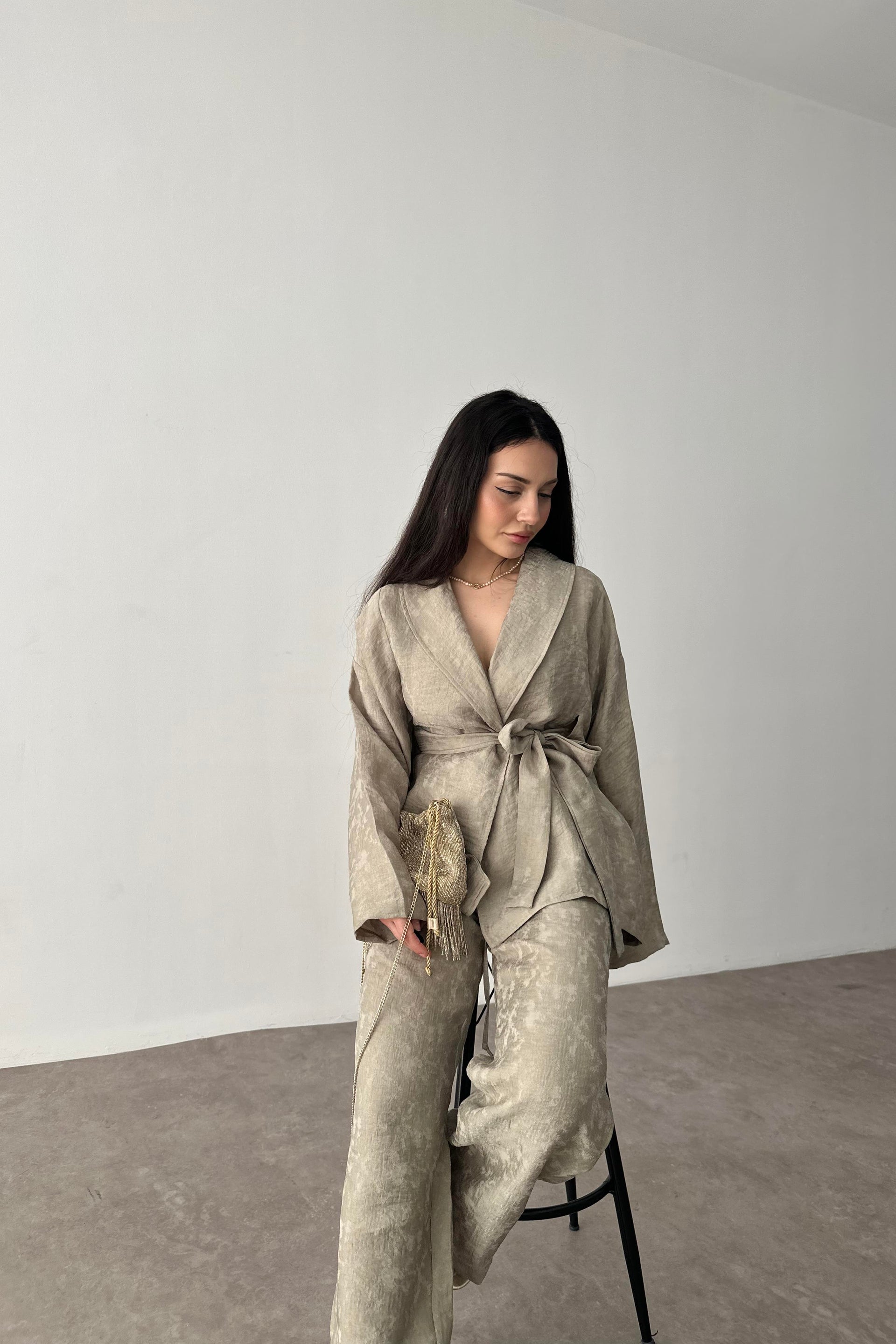 Premium Şal Yaka Kimono Takım Haki