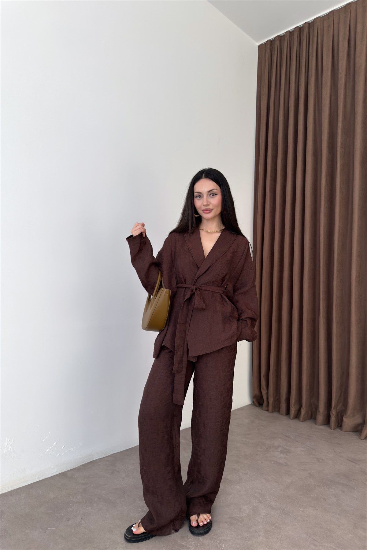 Premium Şal Yaka Kimono Takım Kahve