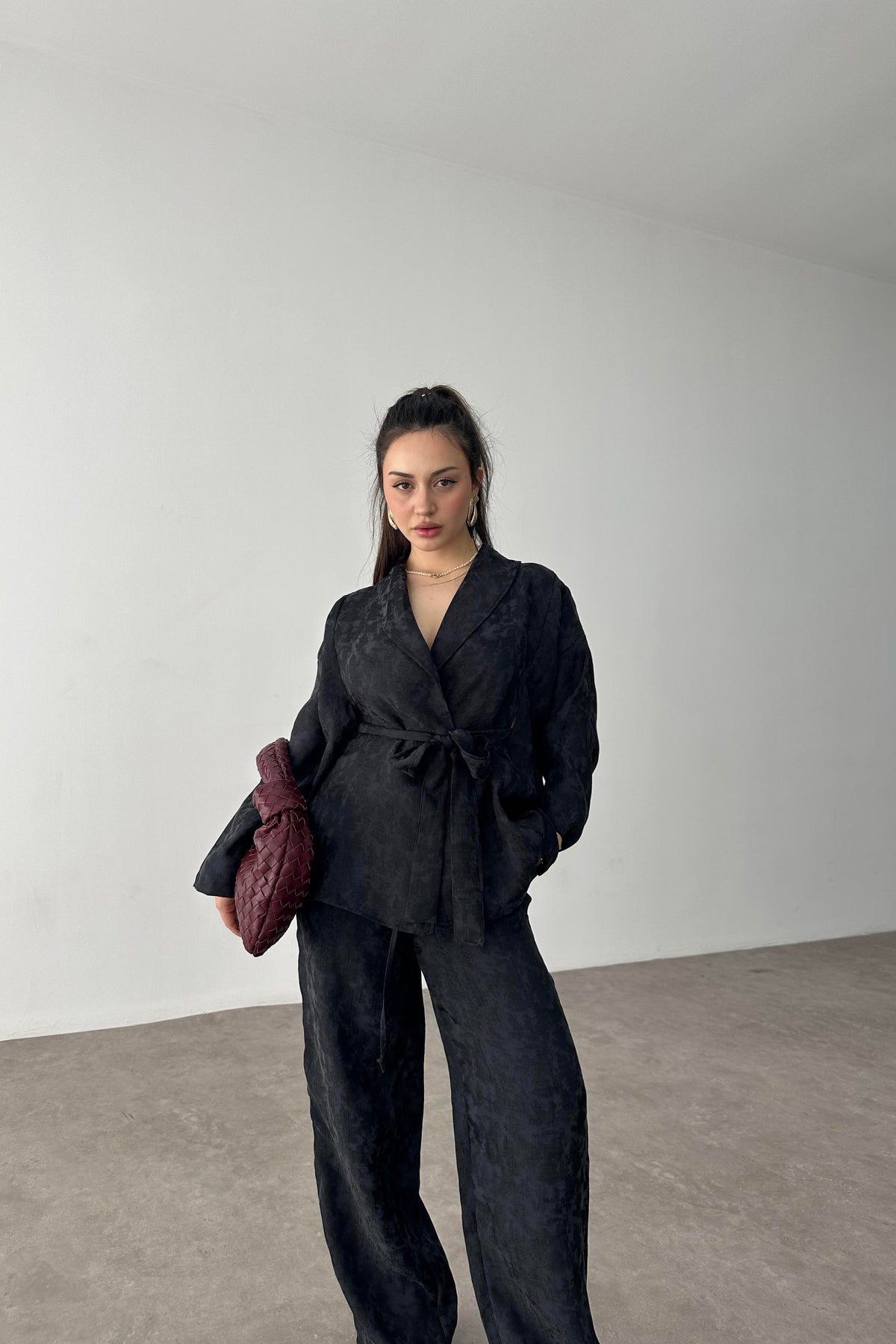 Premium Şal Yaka Kimono Takım Siyah