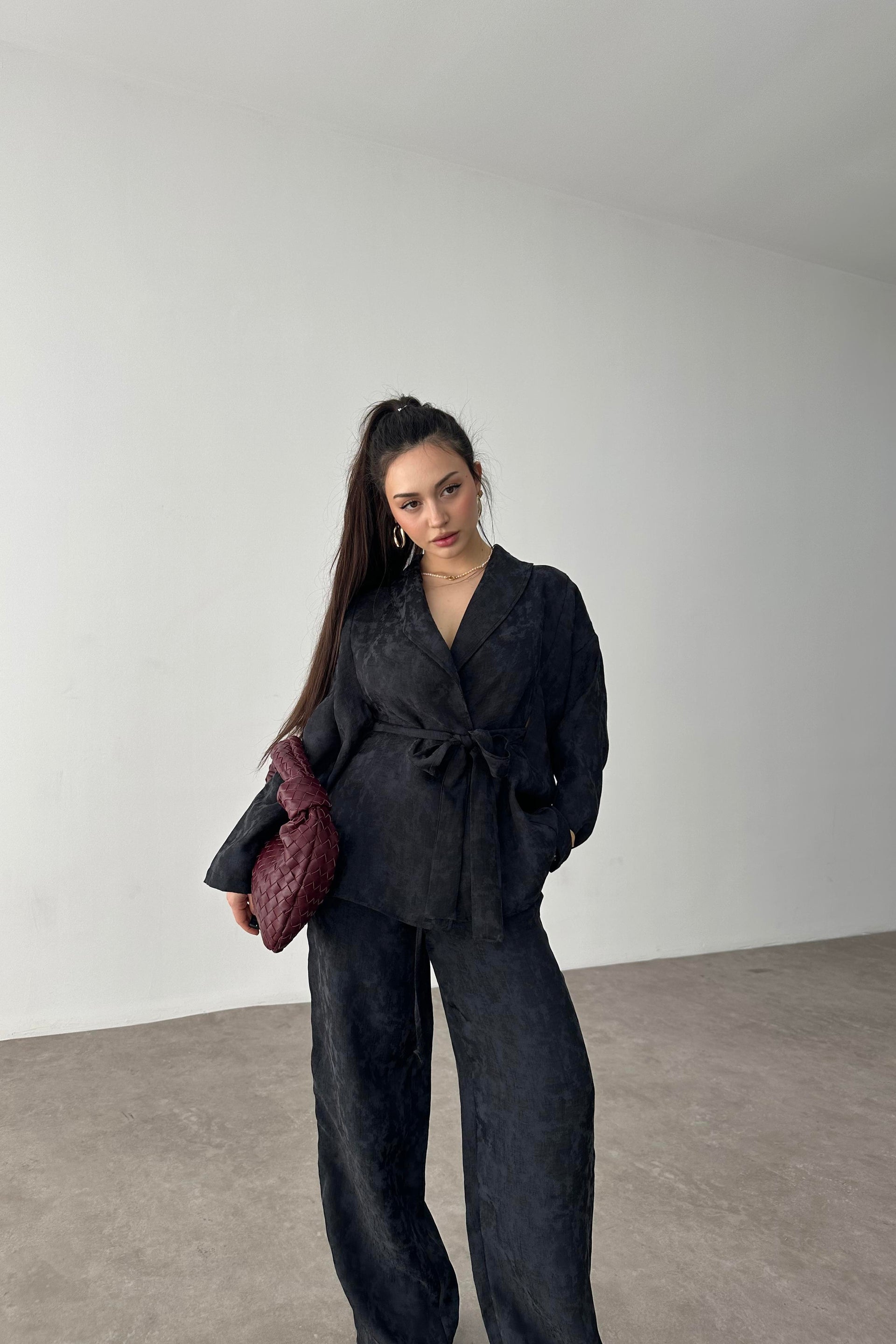 Premium Şal Yaka Kimono Takım Siyah