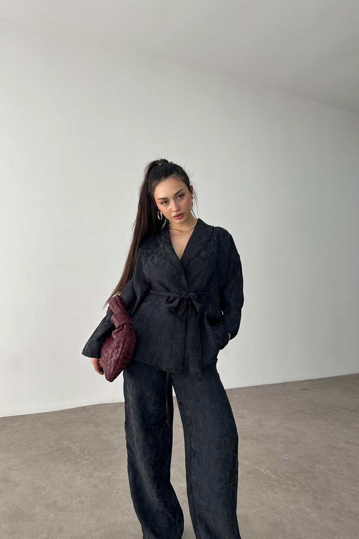Premium Şal Yaka Kimono Takım Siyah
