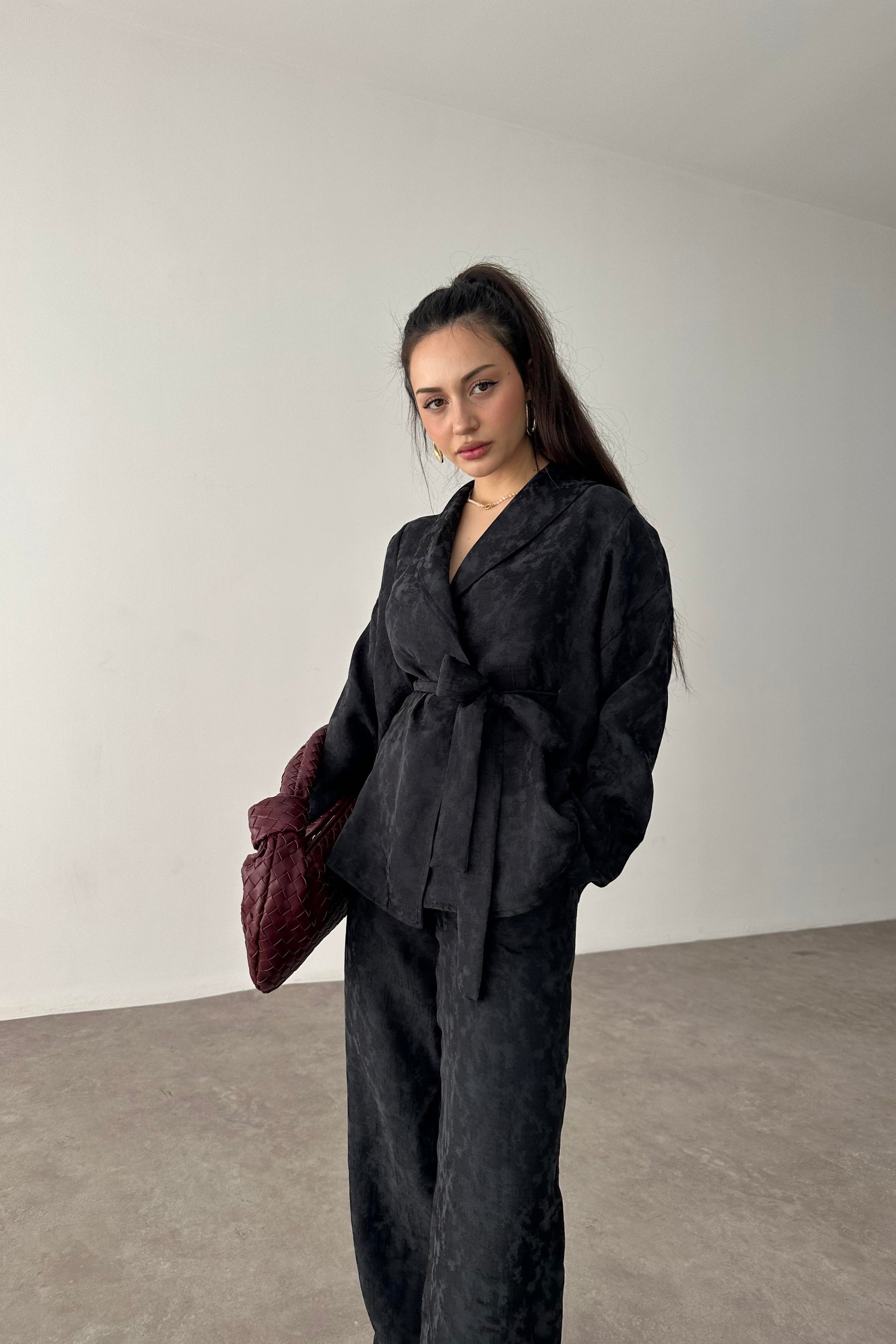 Premium Şal Yaka Kimono Takım Siyah