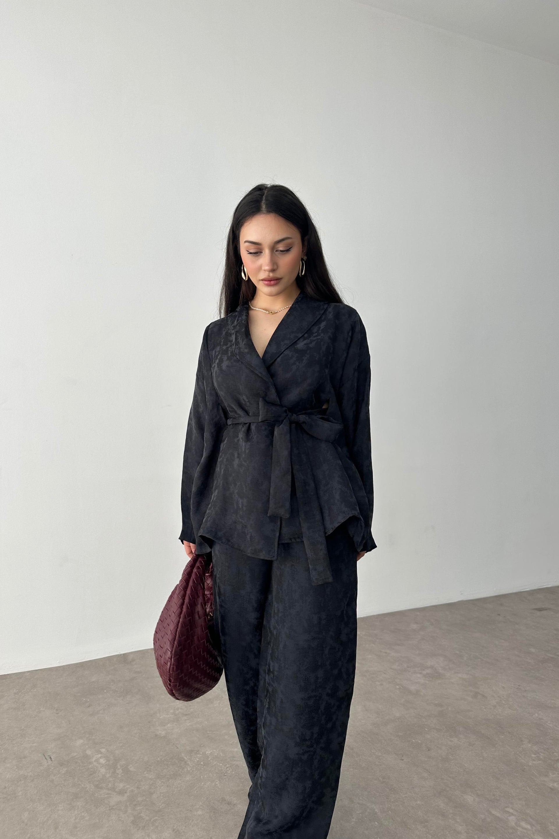 Premium Şal Yaka Kimono Takım Siyah