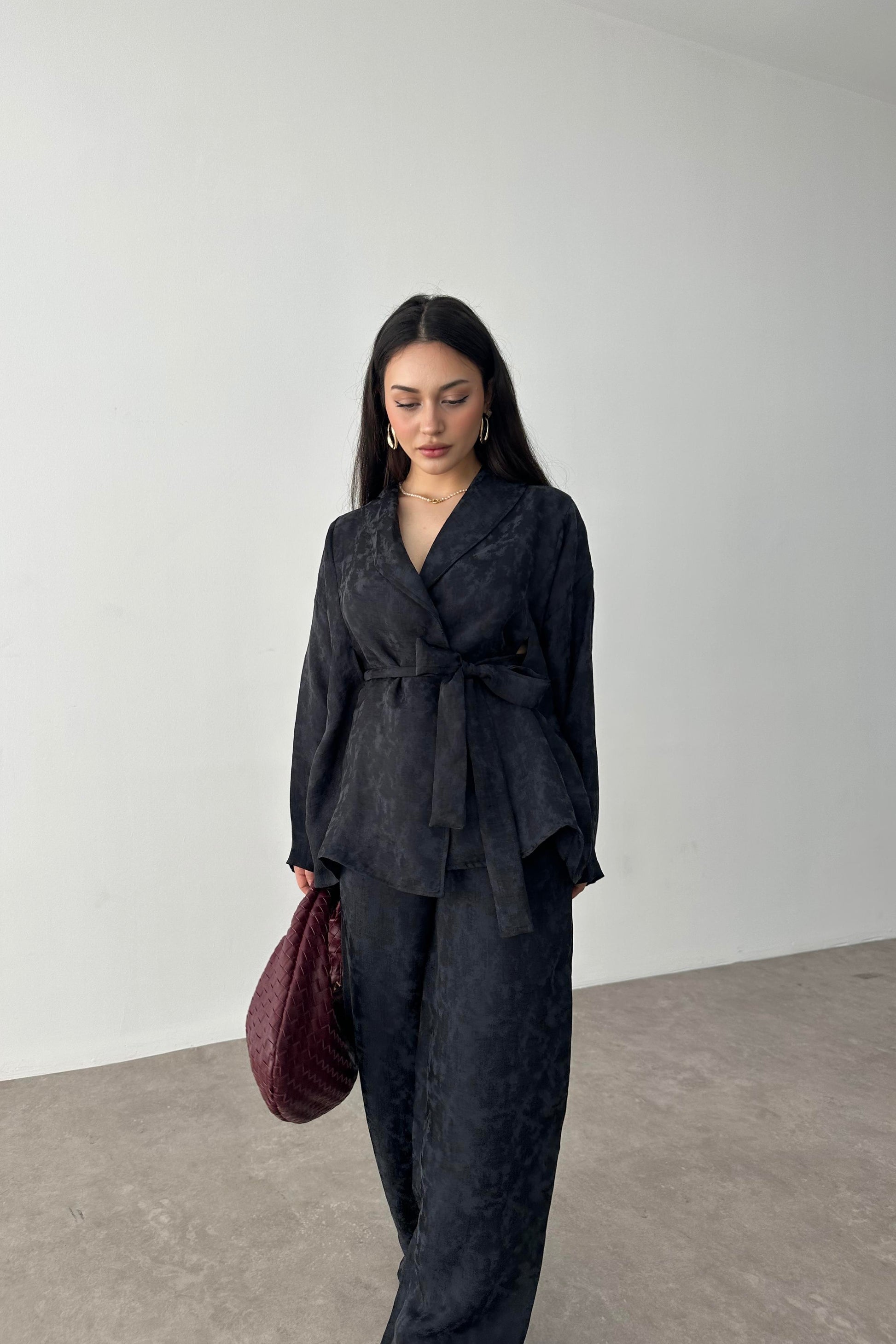 Premium Şal Yaka Kimono Takım Siyah