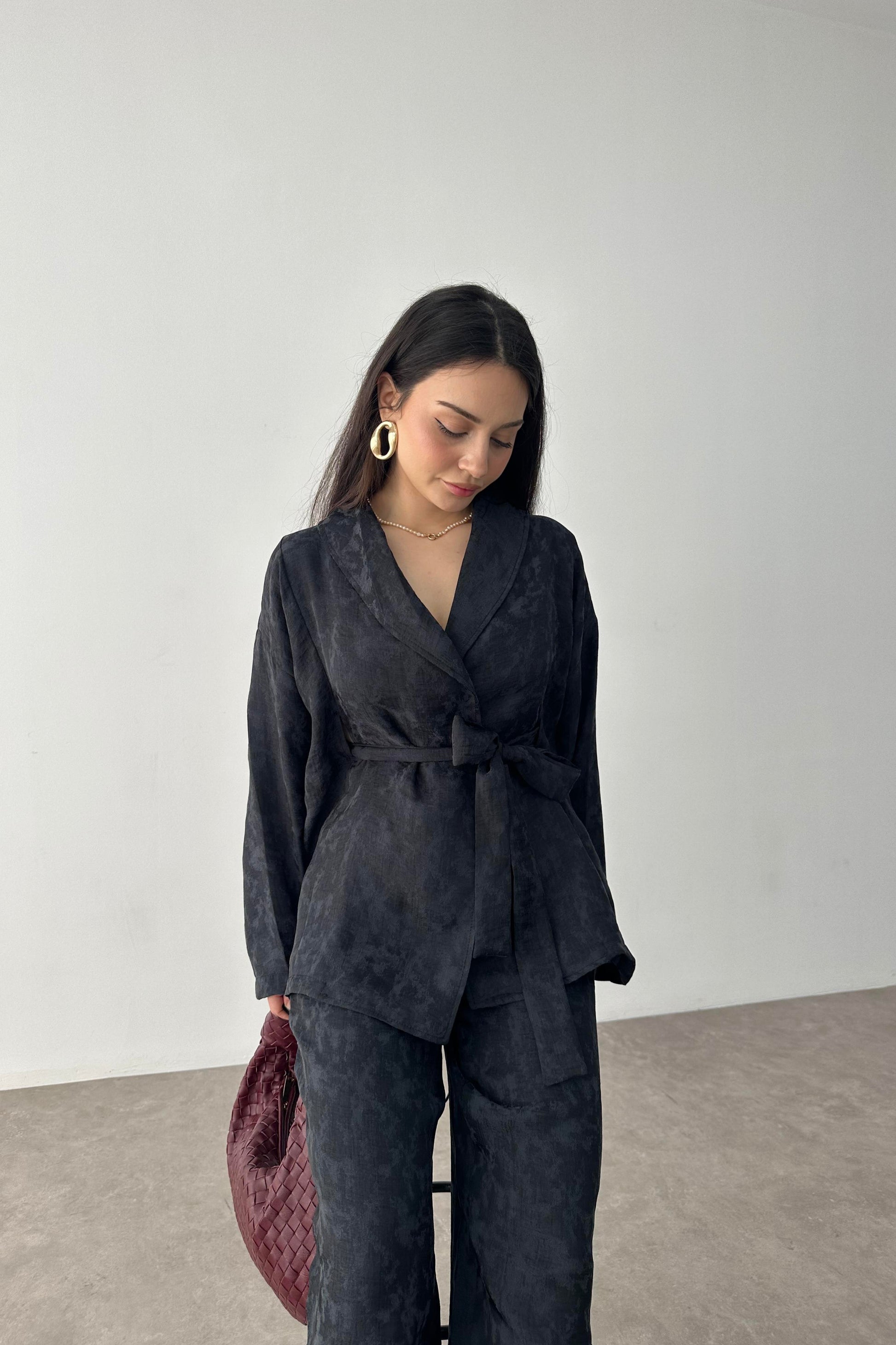 Premium Şal Yaka Kimono Takım Siyah