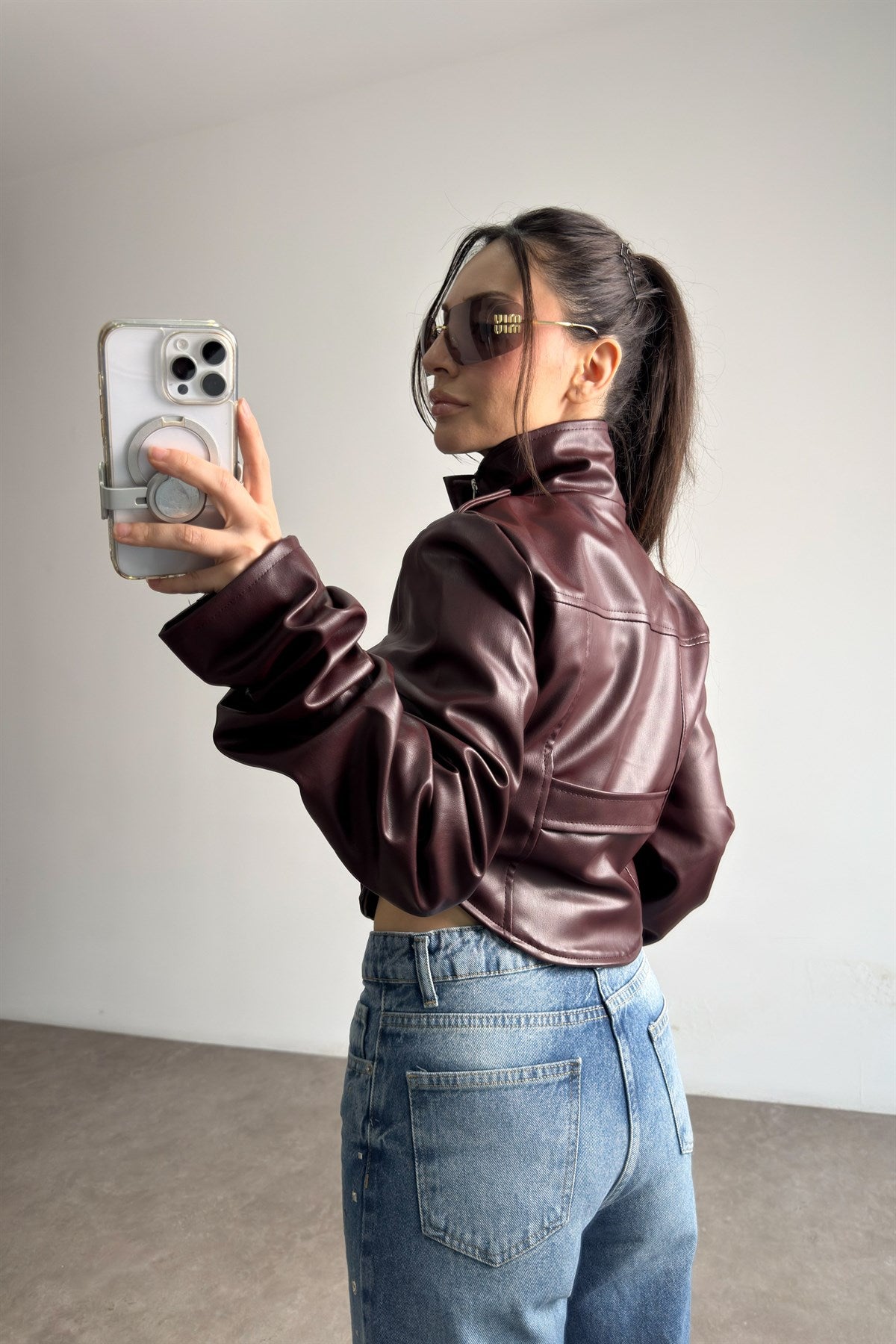 Premium Tasarım Korse Model Bordo Deri Ceket