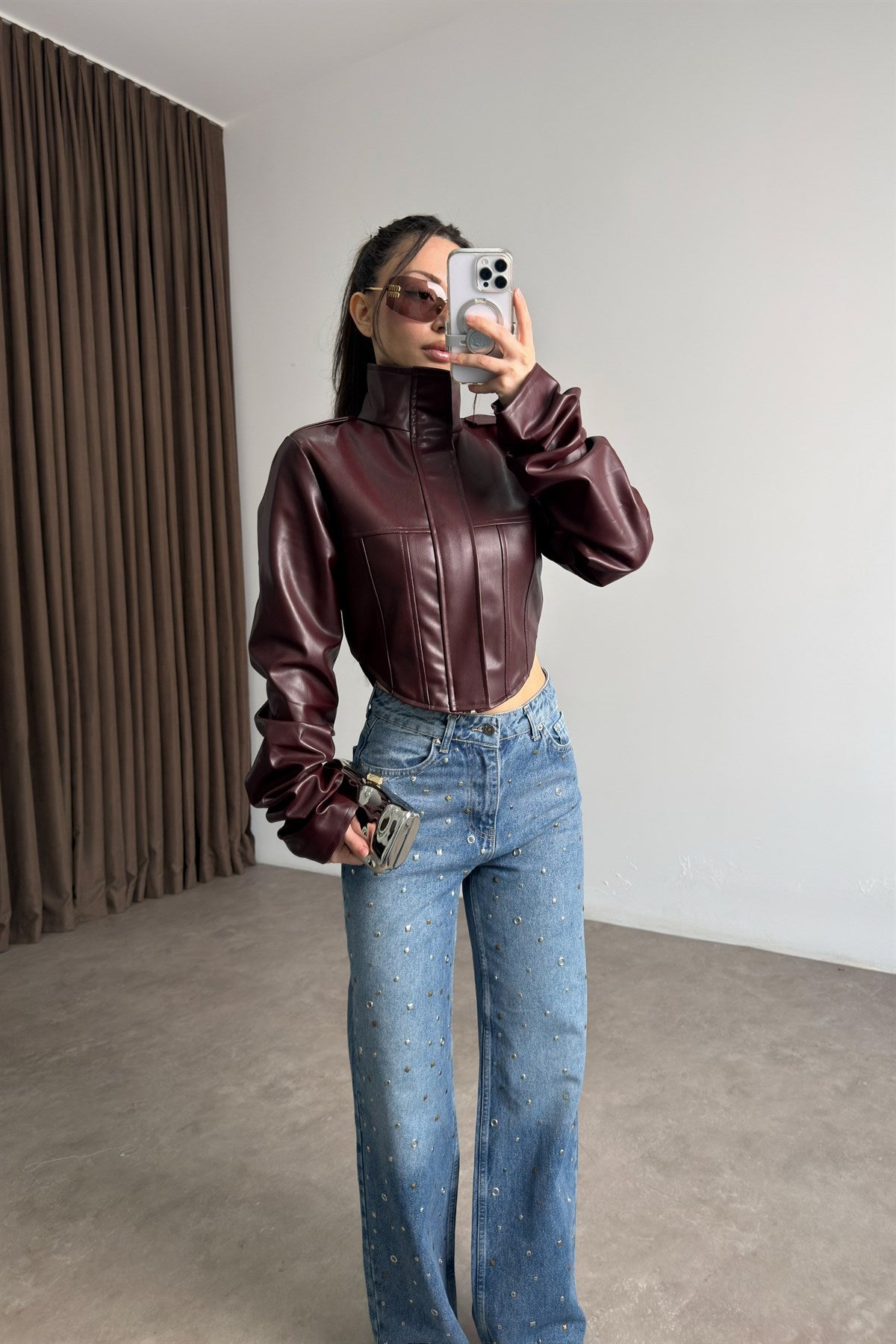 Premium Tasarım Korse Model Bordo Deri Ceket