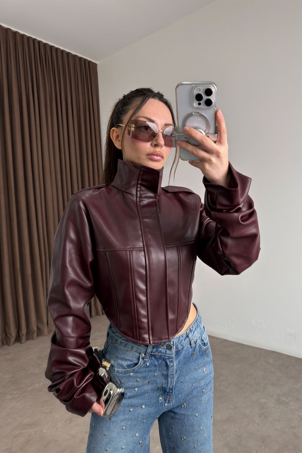 Premium Tasarım Korse Model Bordo Deri Ceket