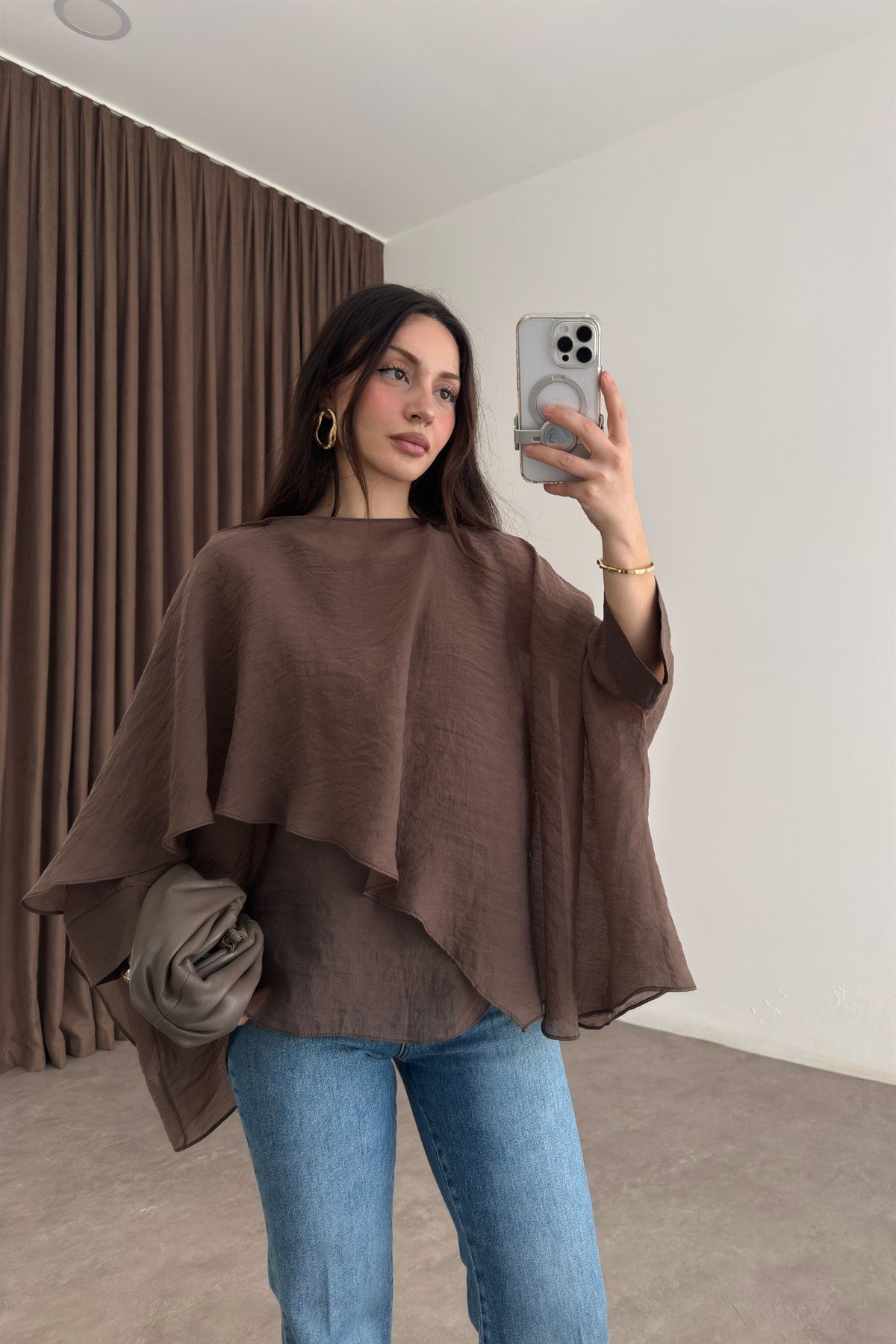 Premium Tensel Kahve Pelerin Bluz