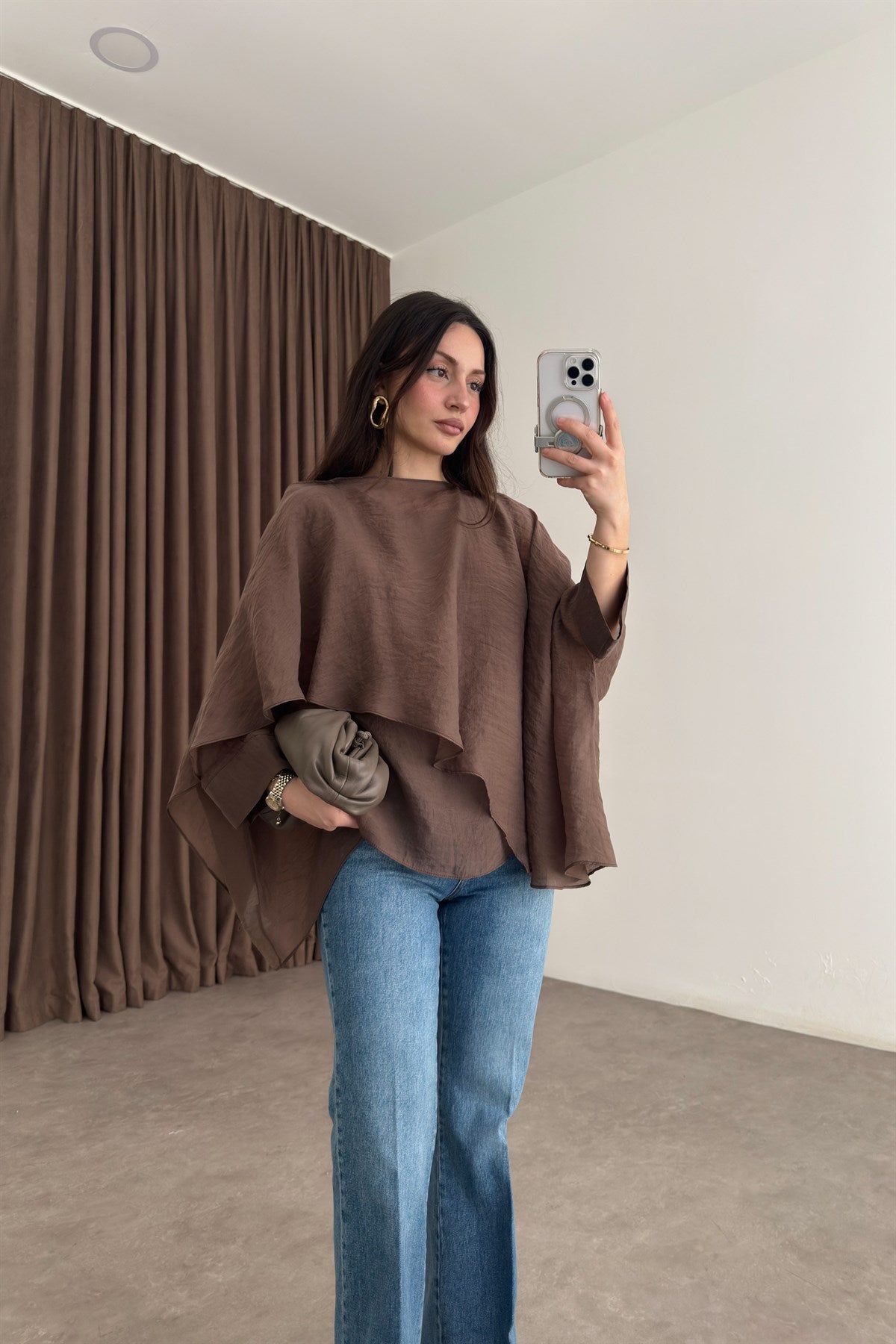 Premium Tensel Kahve Pelerin Bluz