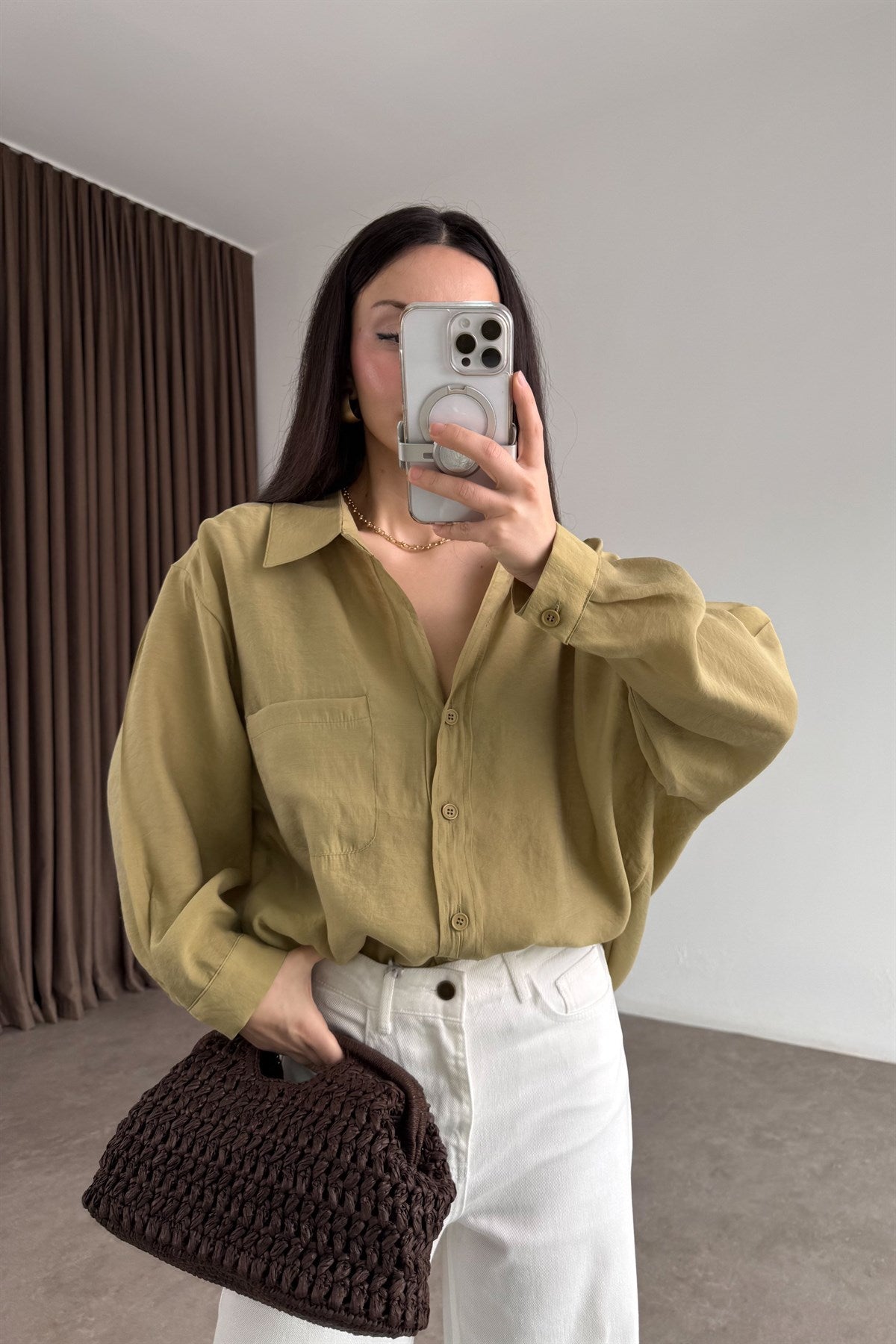 Premium Tensel Oversize Çağla Gömlek