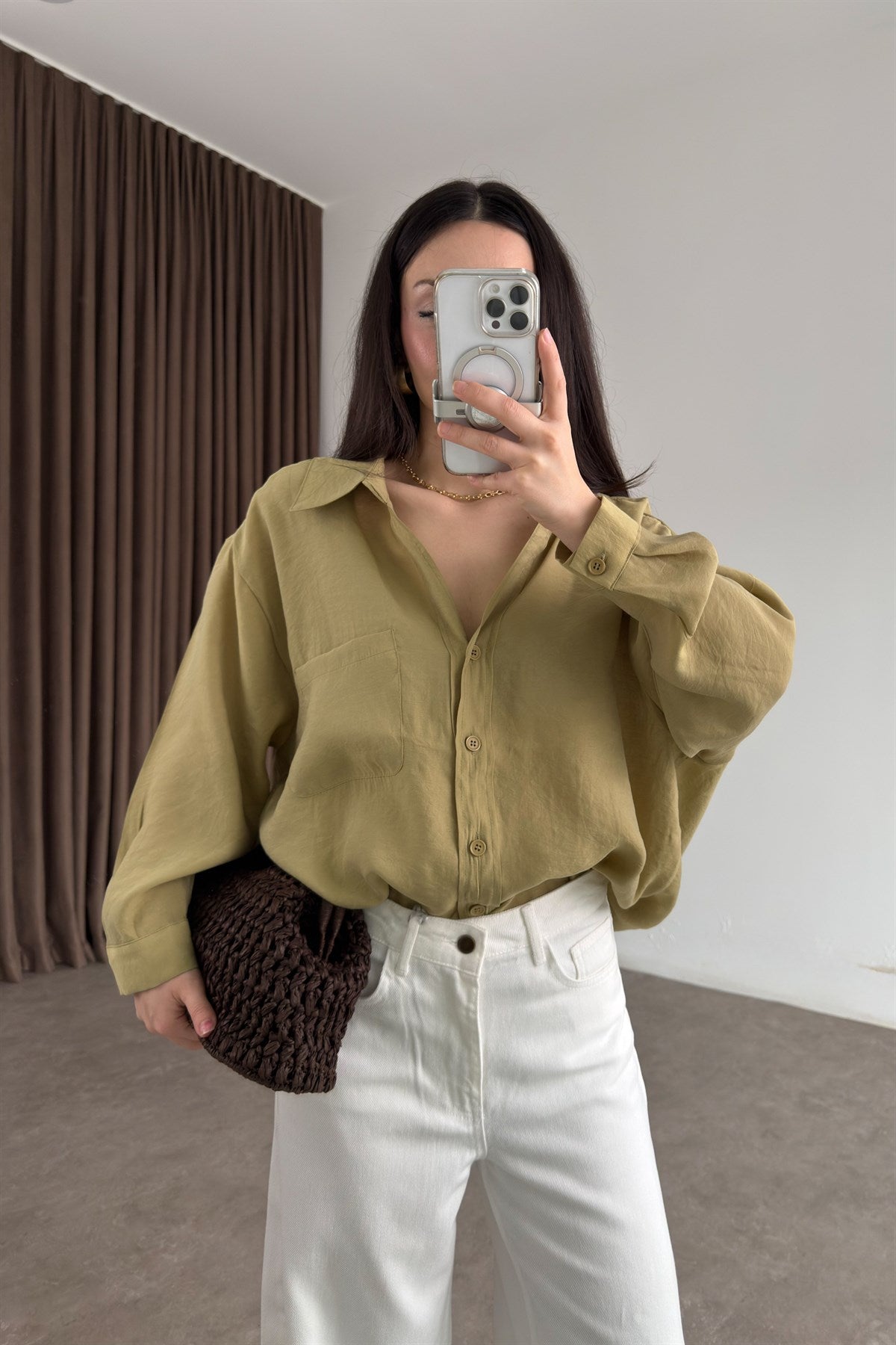 Premium Tensel Oversize Çağla Gömlek