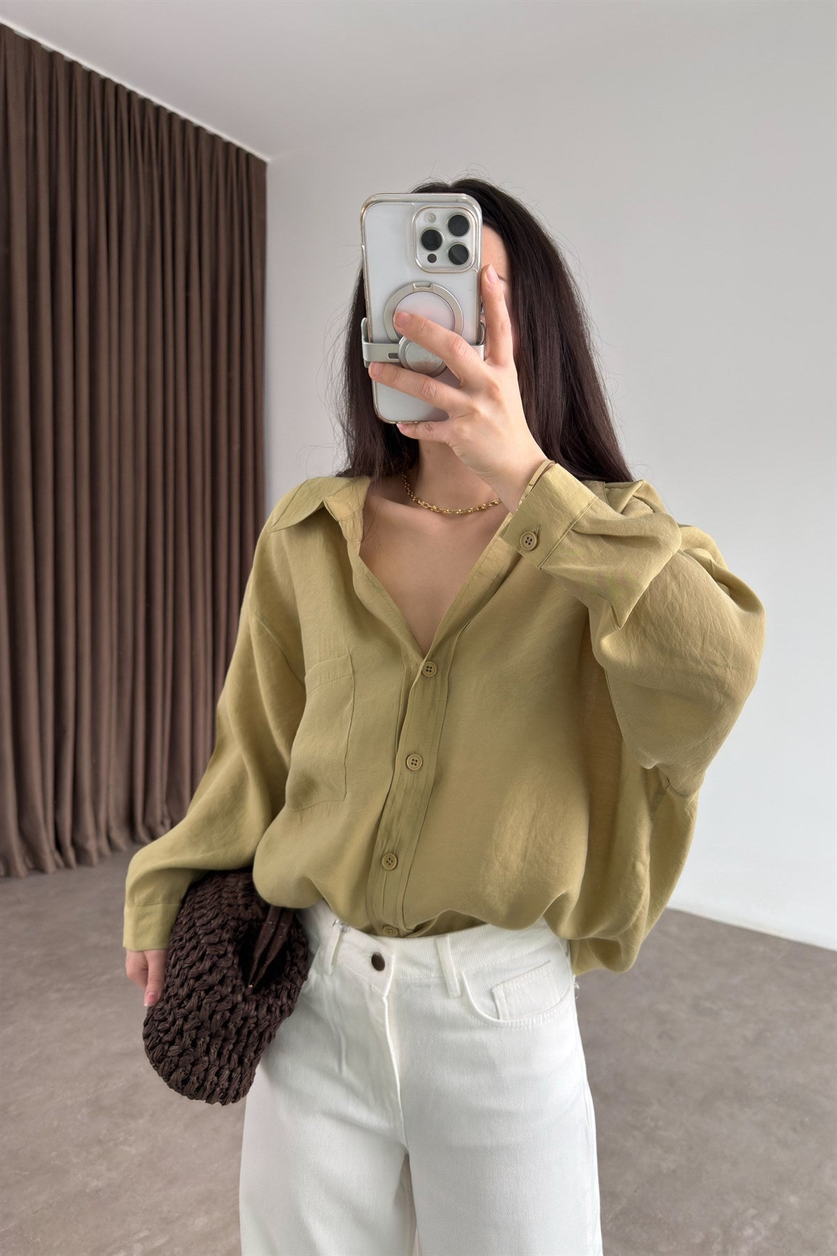 Premium Tensel Oversize Çağla Gömlek