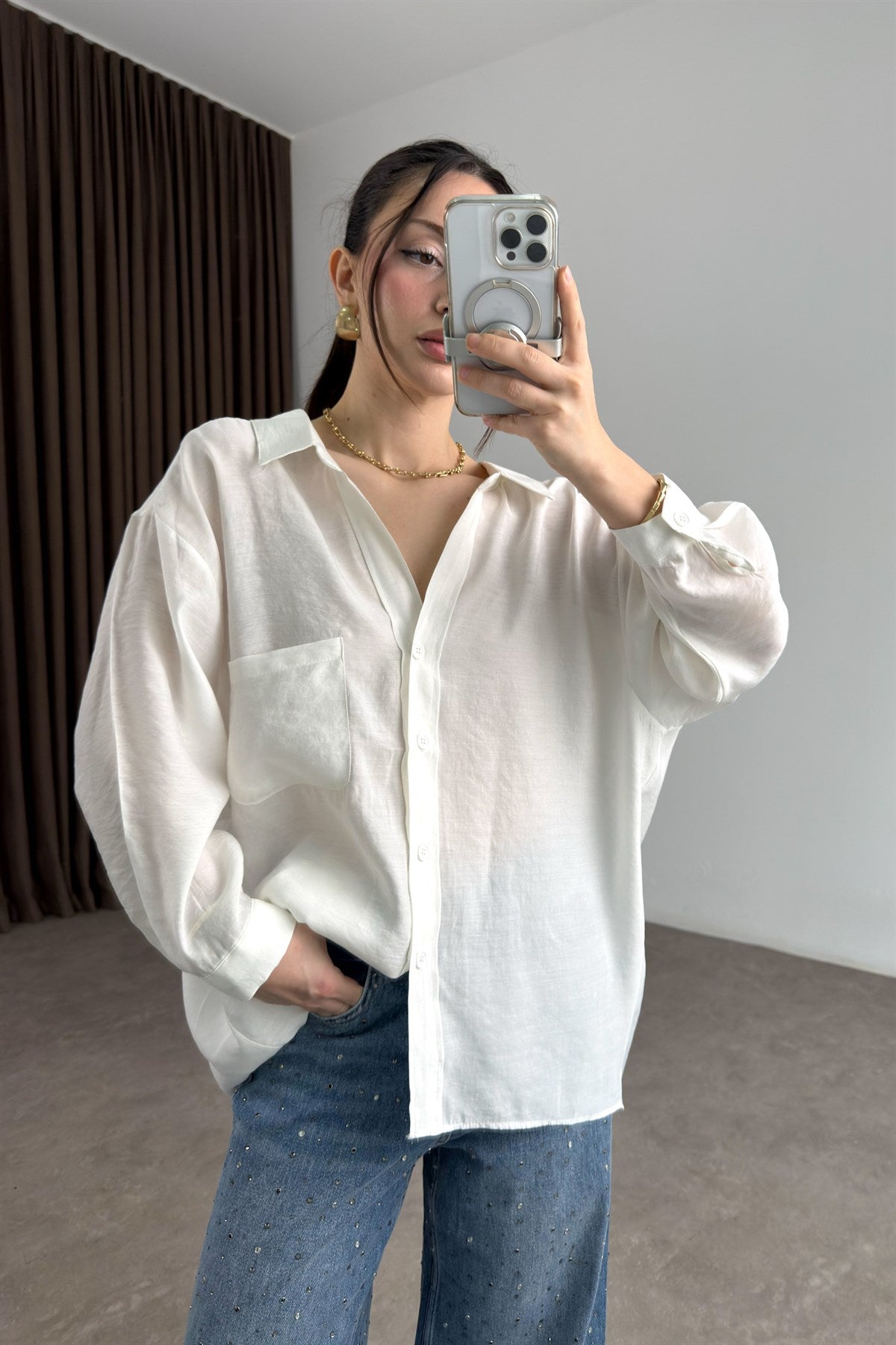 Premium Tensel Oversize Ekru Gömlek