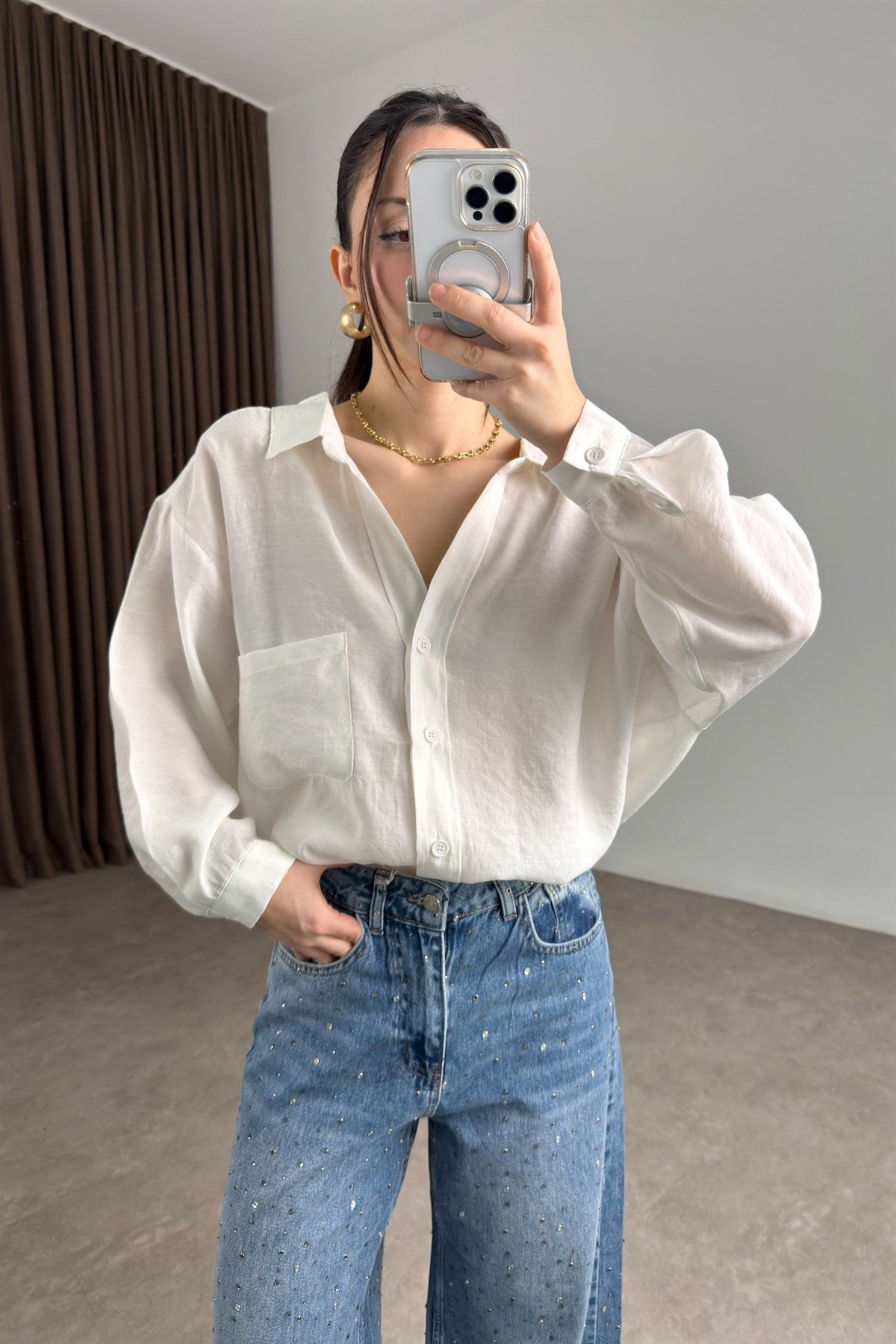 Premium Tensel Oversize Ekru Gömlek