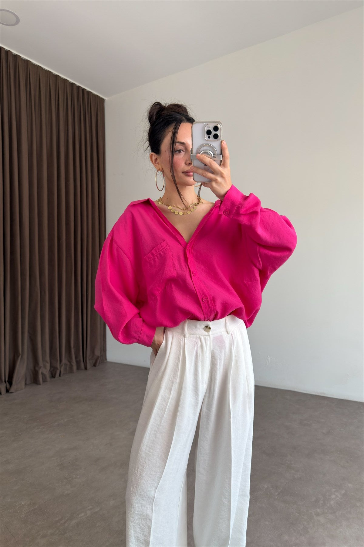 Premium Tensel Oversize Fuşya Gömlek