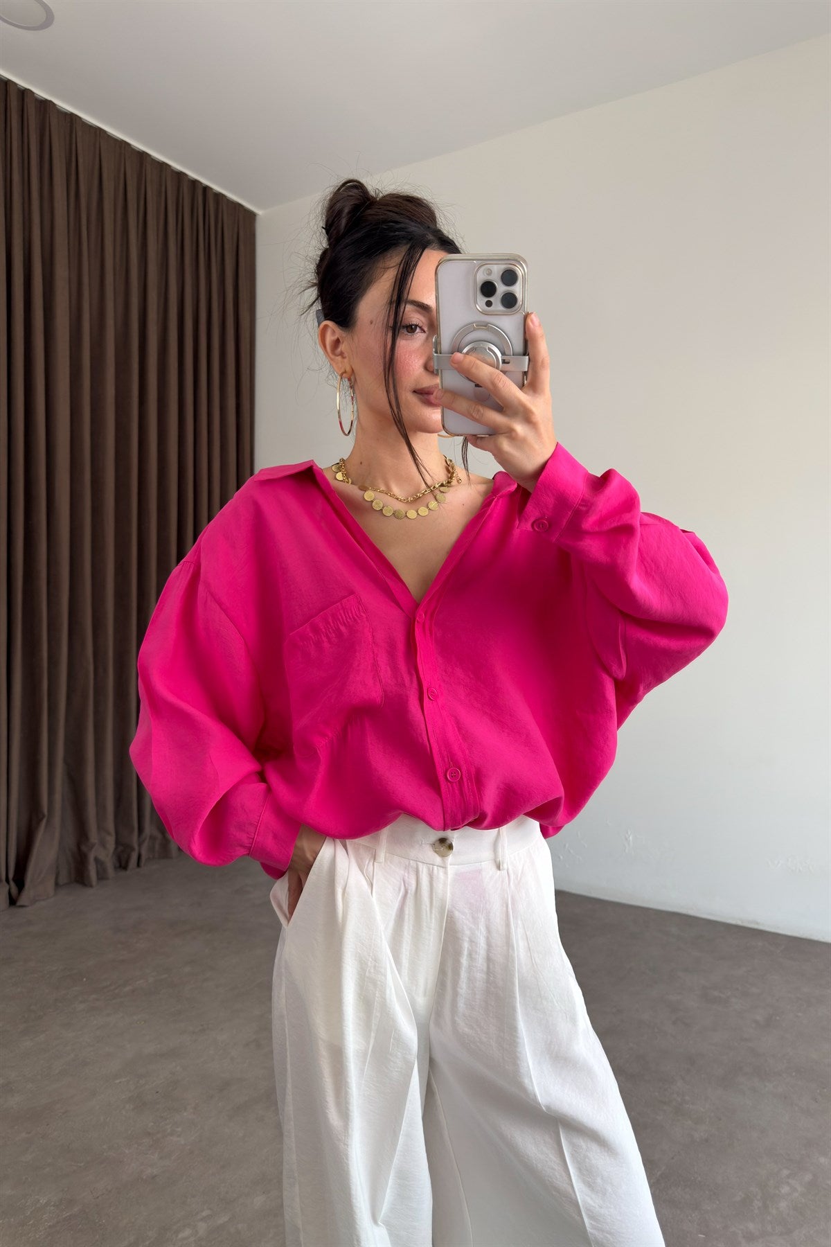 Premium Tensel Oversize Fuşya Gömlek