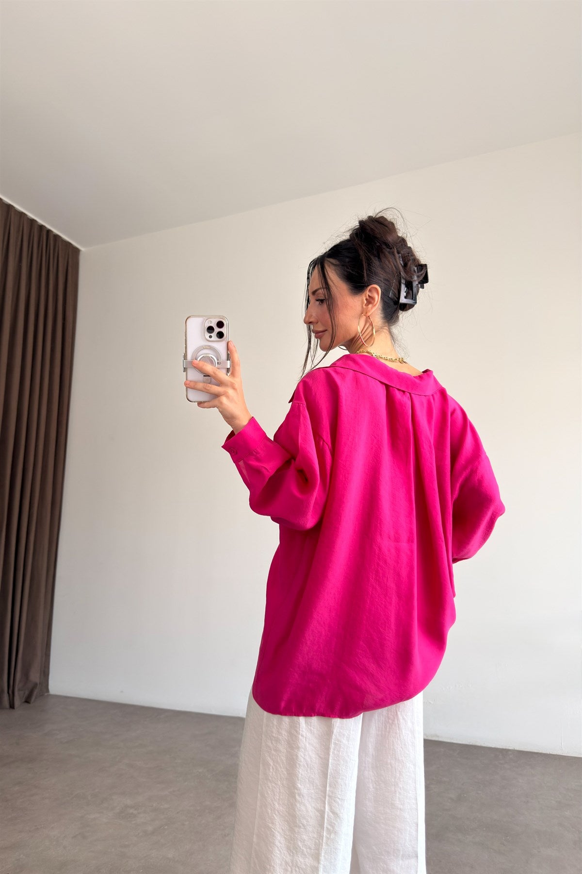 Premium Tensel Oversize Fuşya Gömlek