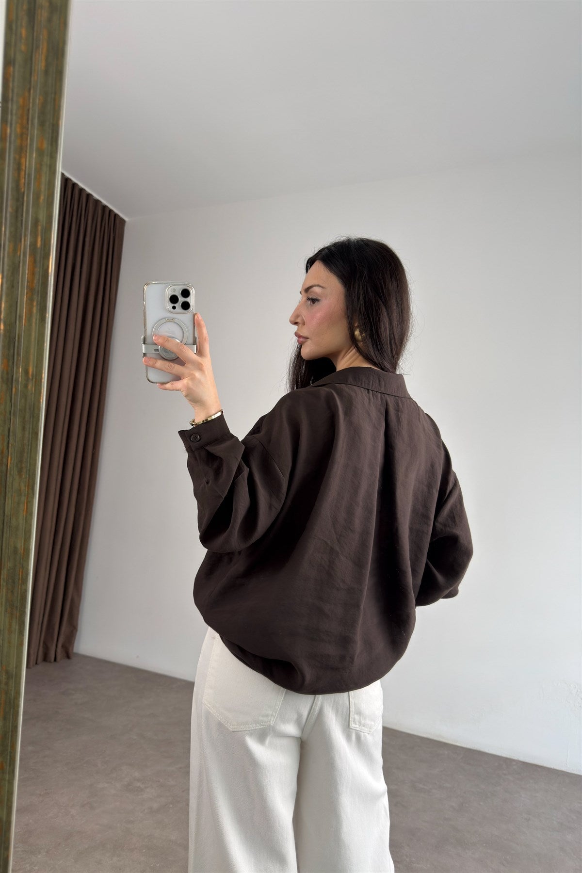 Premium Tensel Oversize Kahverengi Gömlek