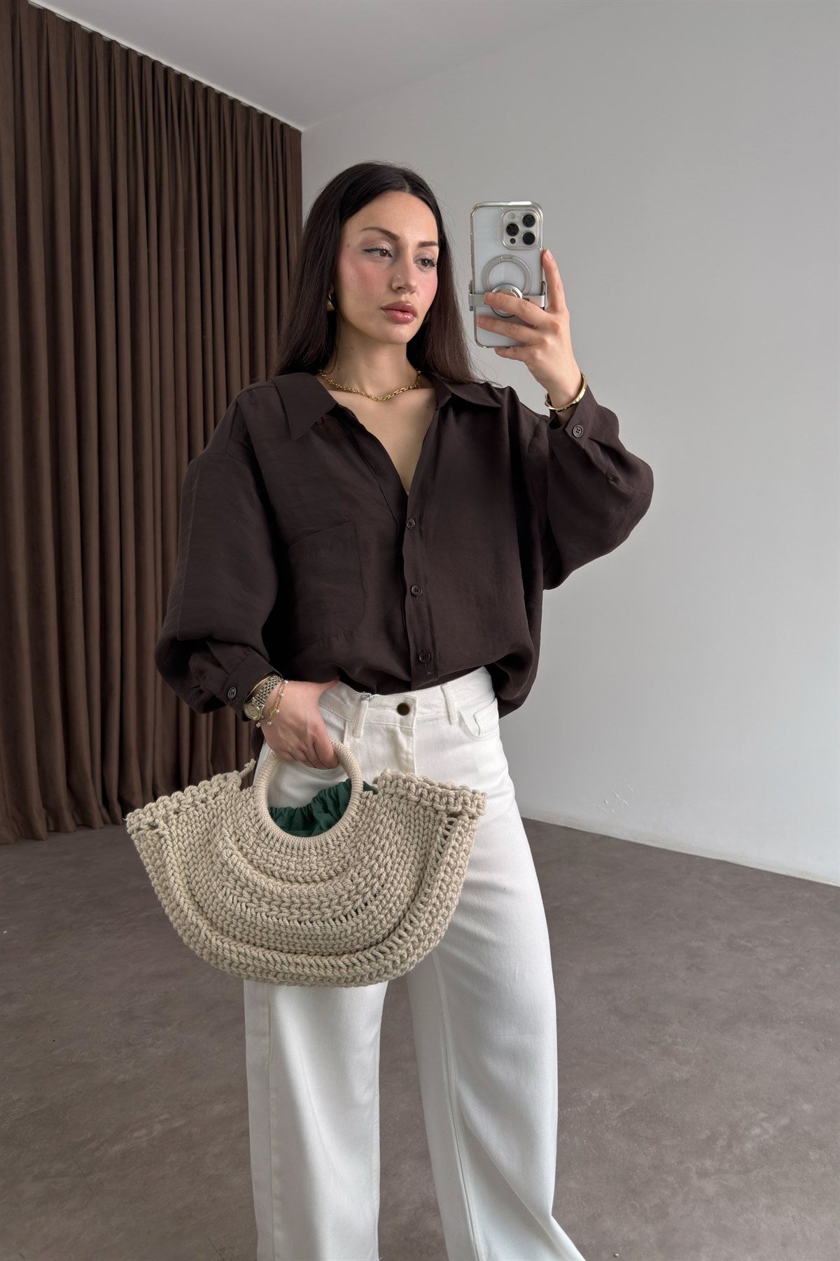 Premium Tensel Oversize Kahverengi Gömlek