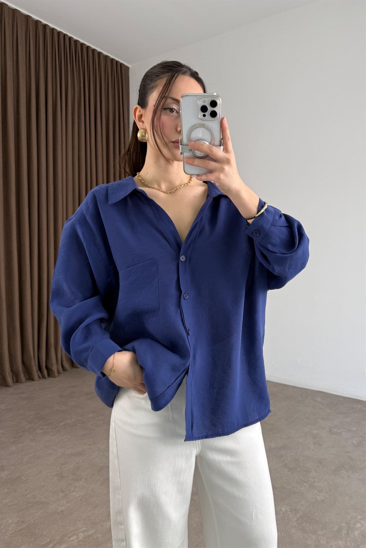 Premium Tensel Oversize Menekşe Mavi Gömlek
