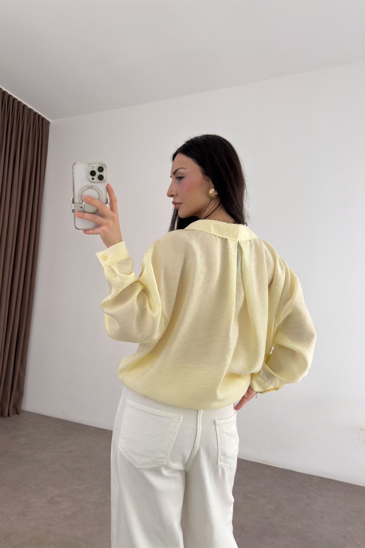 Premium Tensel Oversize Pastel Sarı Gömlek