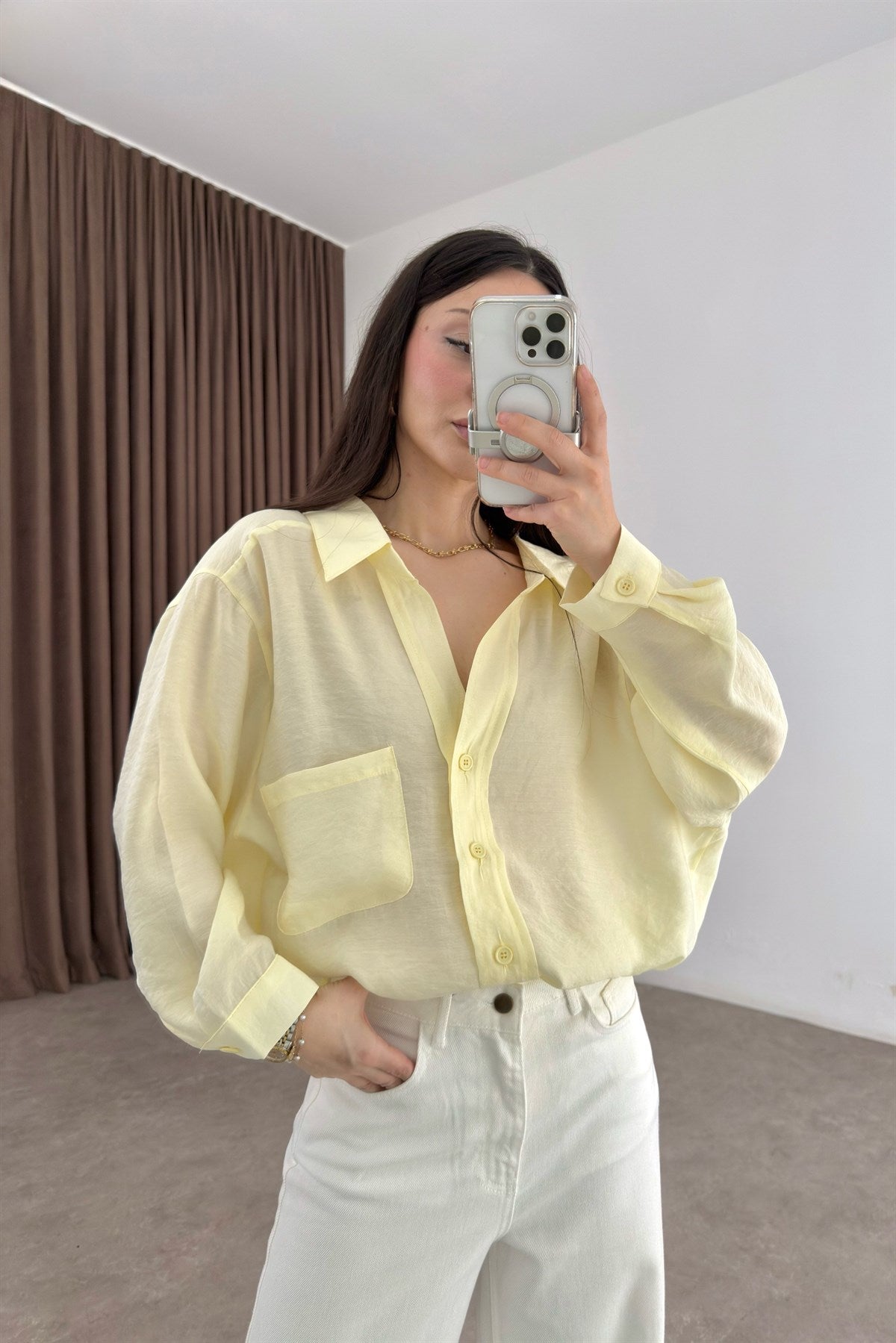 Premium Tensel Oversize Pastel Sarı Gömlek