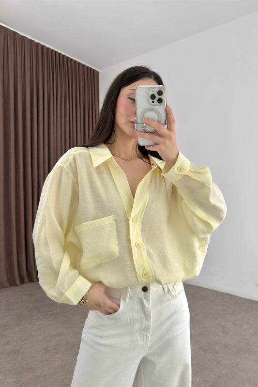 Premium Tensel Oversize Pastel Sarı Gömlek