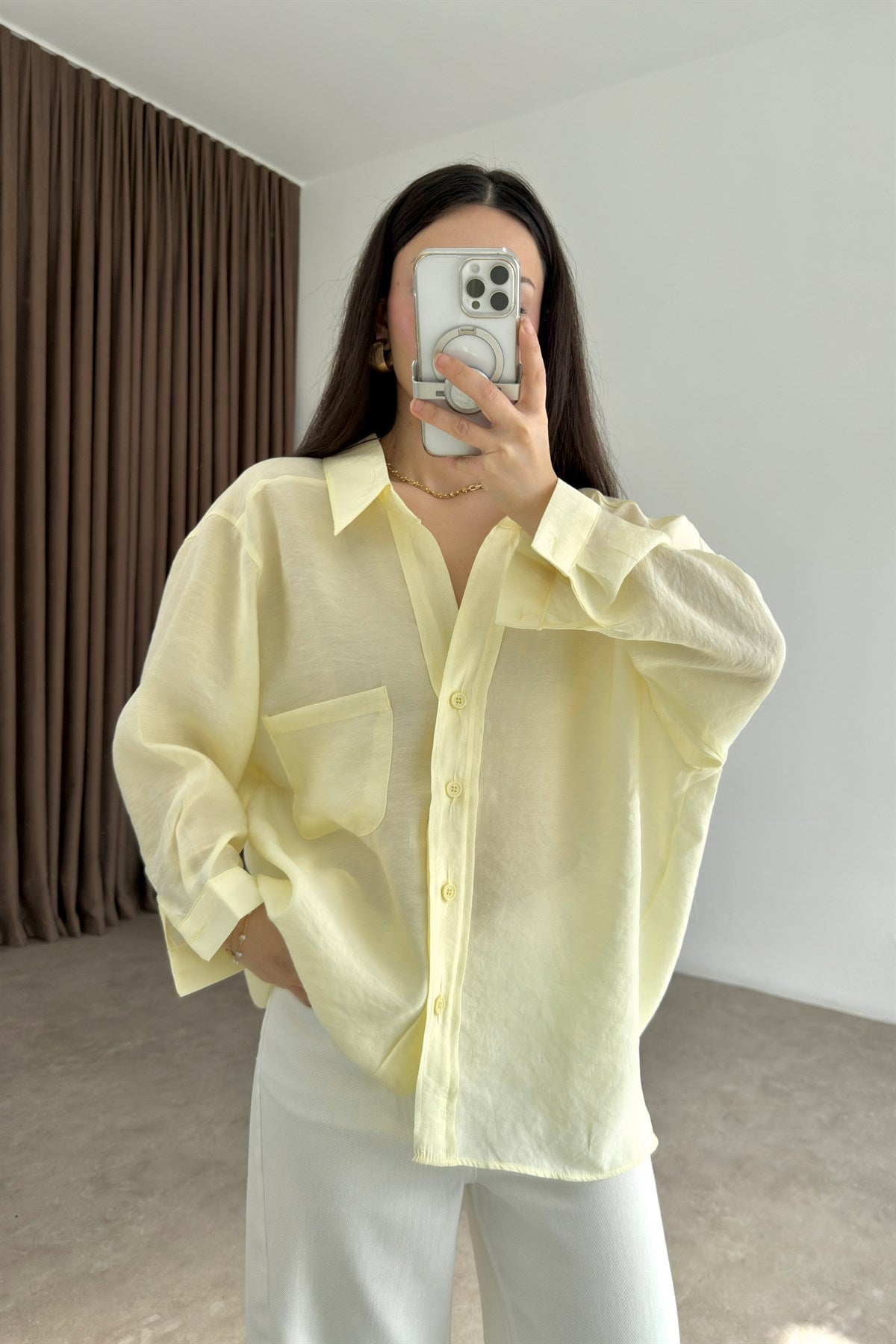 Premium Tensel Oversize Pastel Sarı Gömlek