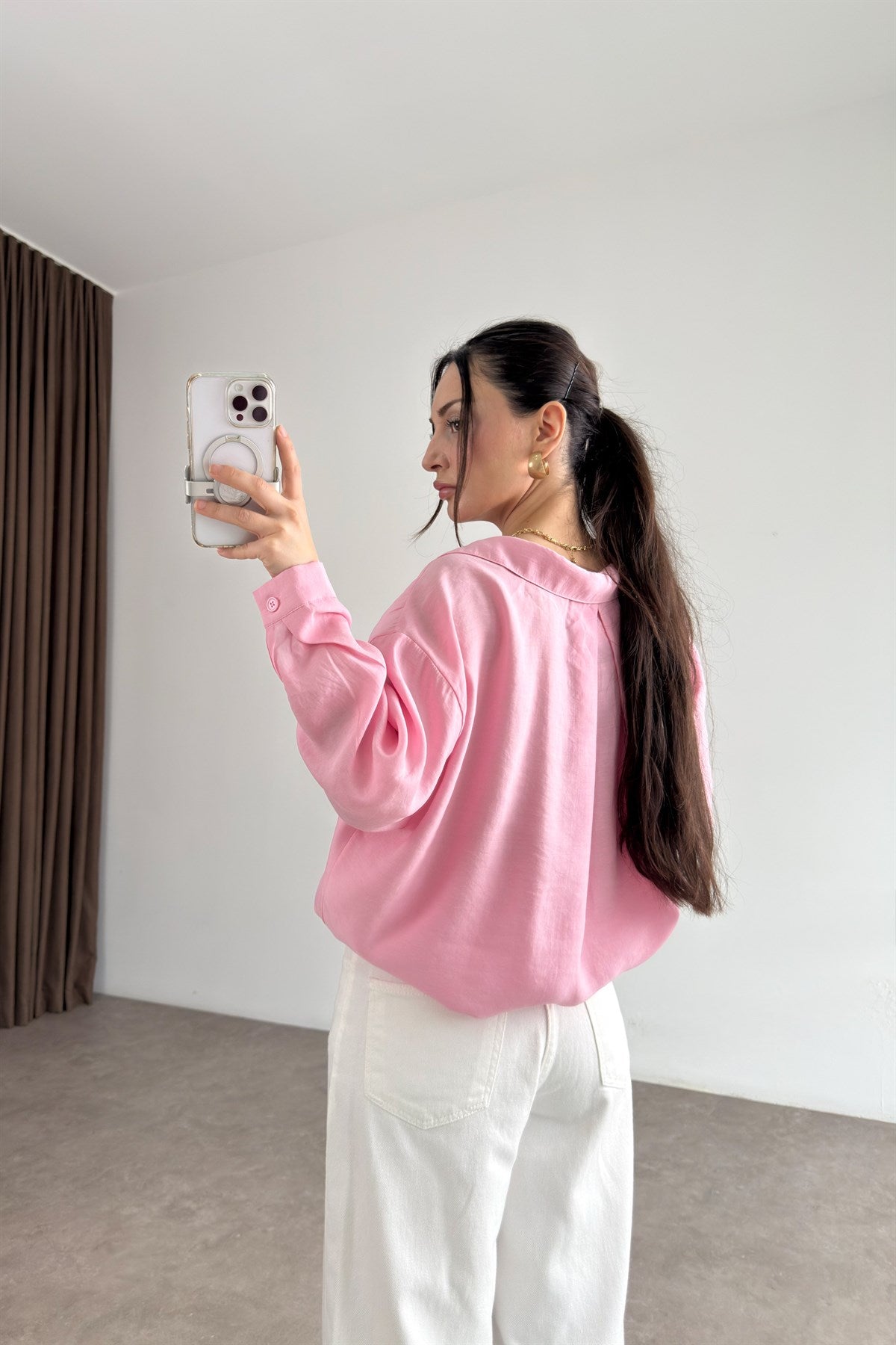 Premium Tensel Oversize Pembe Gömlek