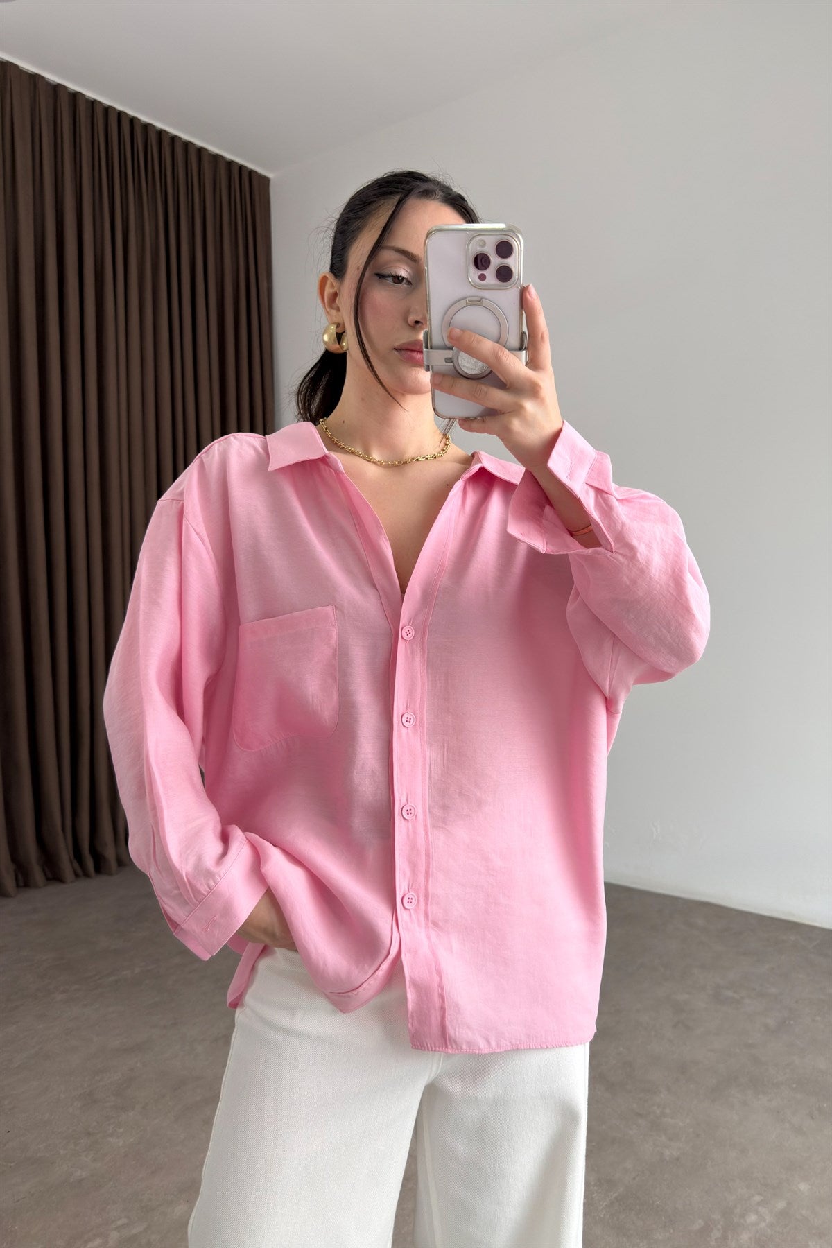 Premium Tensel Oversize Pembe Gömlek