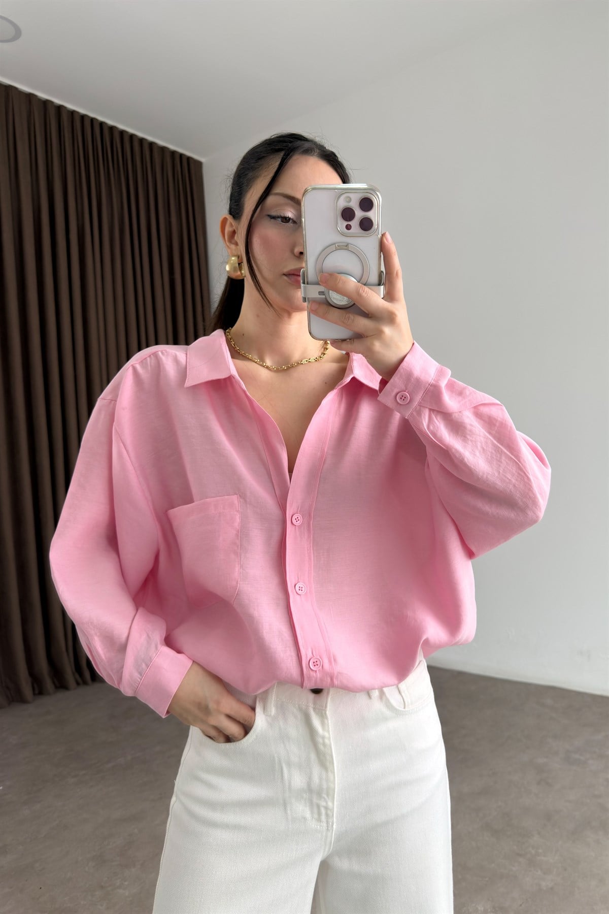 Premium Tensel Oversize Pembe Gömlek