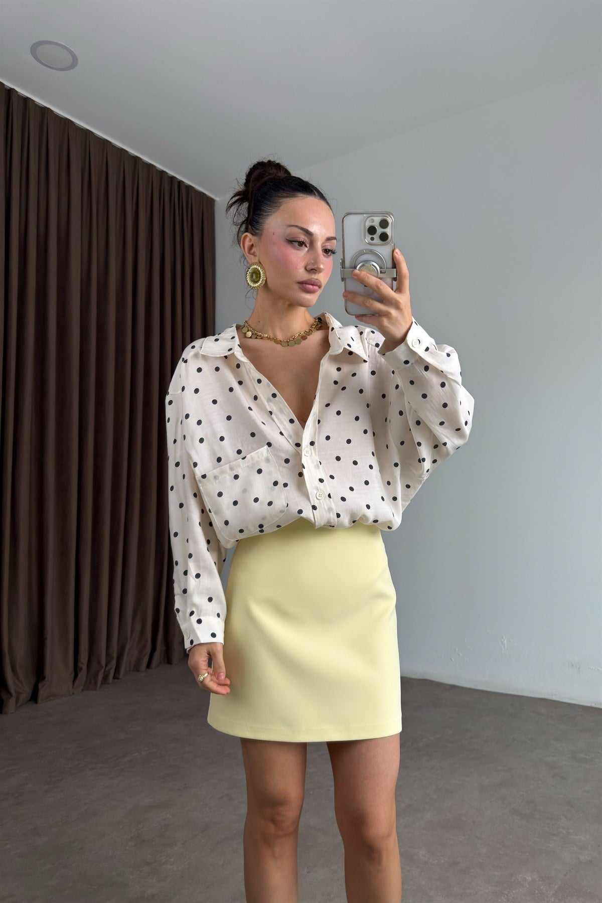 Premium Tensel Oversize Puantiyeli Gömlek