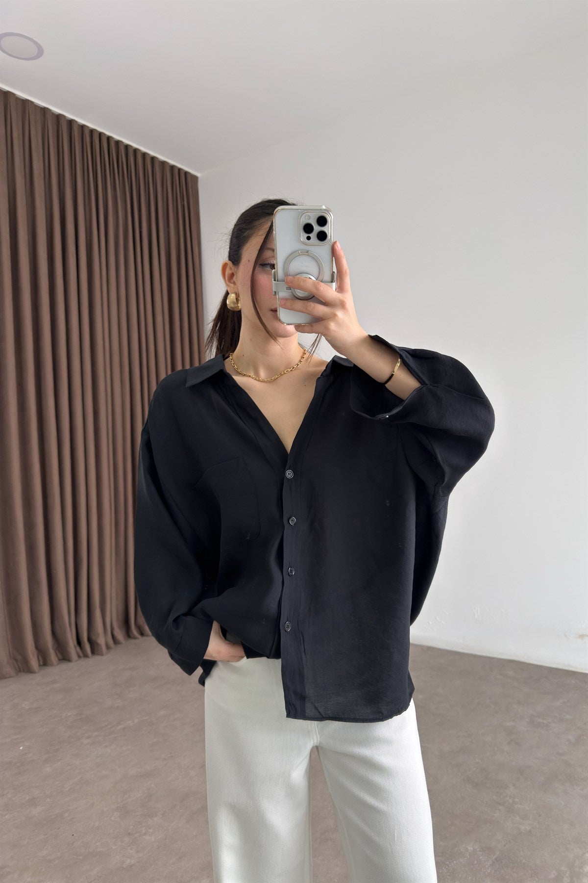Premium Tensel Oversize Siyah Gömlek